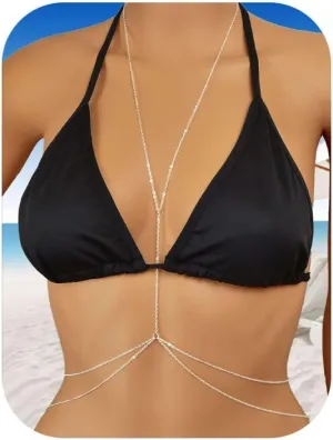 14K Gold Sexy Body Chains for Women, Layered Rhinestone Crossover Bikini Bra Body Jewelry, Summer Beach Crystal Belly Waist Chain