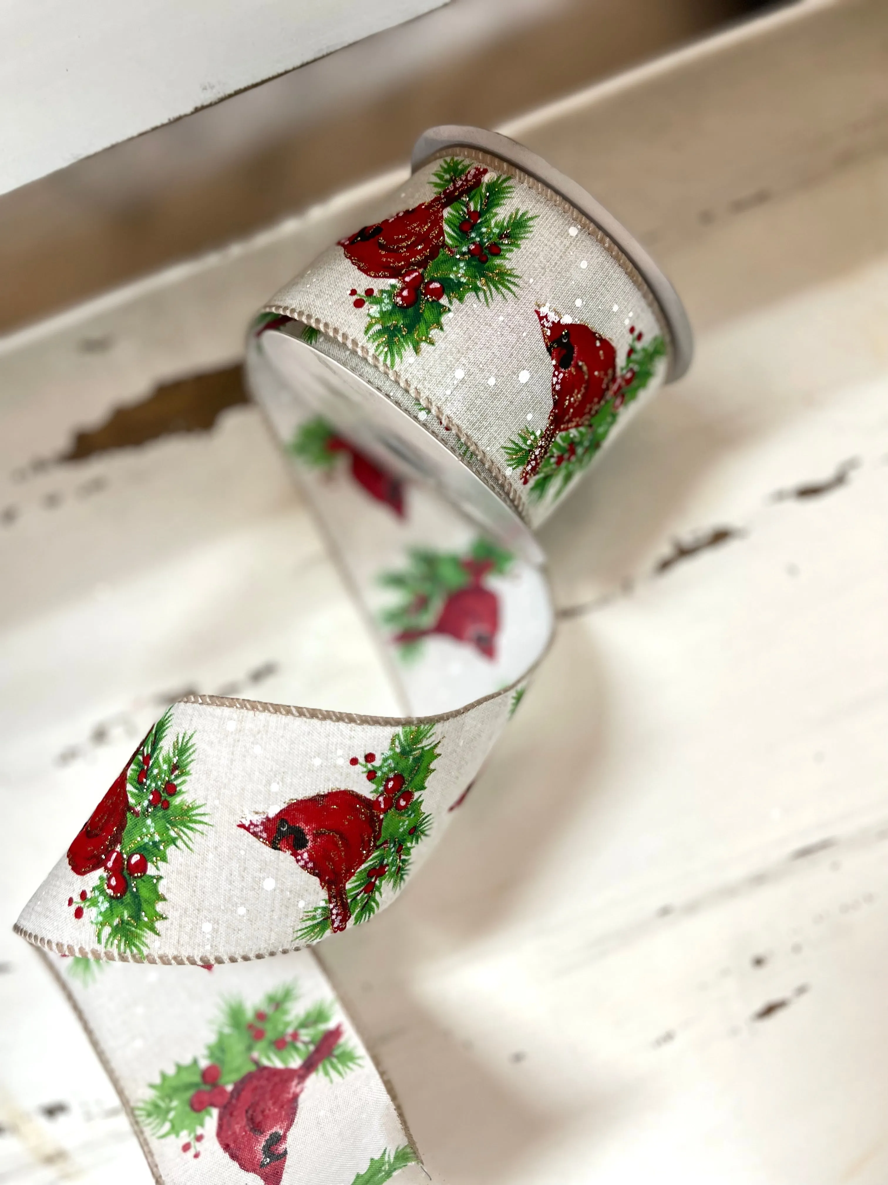 2.5 Inch Snowy Glittered Cardinal Ribbon