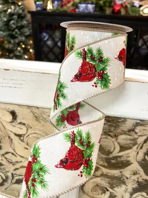 2.5 Inch Snowy Glittered Cardinal Ribbon