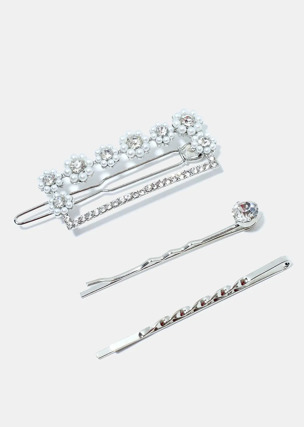 3-Piece Flower Pearl & Rhinestone Hair Pins