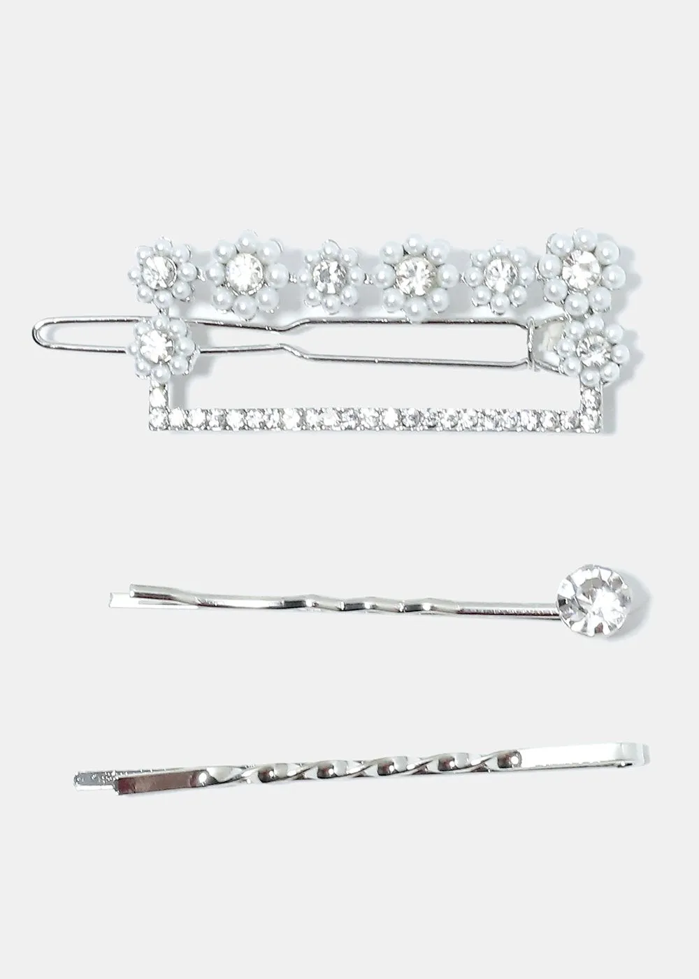 3-Piece Flower Pearl & Rhinestone Hair Pins