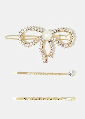 3-Piece Rhinestone Bow Hair Pins