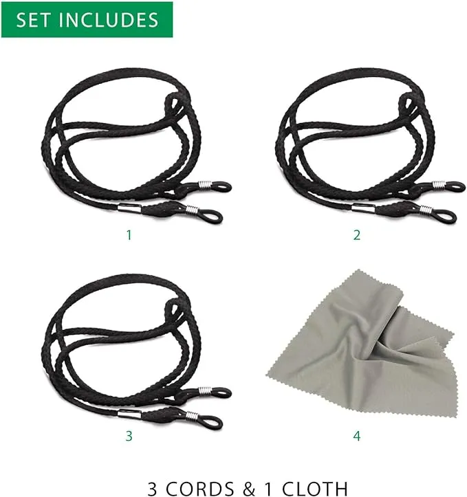 4 Pack | 3x Eyeglasses Cord & 1x Microfibre Cleaning Cloth | Lightweight Glasses Neck Cord, Eyeglass Cords Chain String For Eyeglasses Specs. Spectacles Straps Lanyard Eyewear Strap for Men & Women