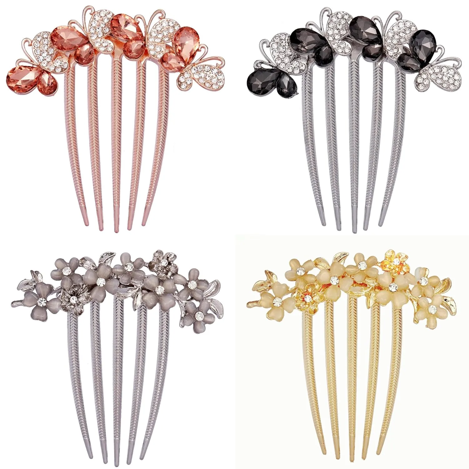 4 PCS Flower Rhinestones Hair Combs Accessories Wedding Crystal Opal Hair Side Combs Long Teeth Slide Hairpins Barrettes Clips Butterfly Hair Accessories for Women