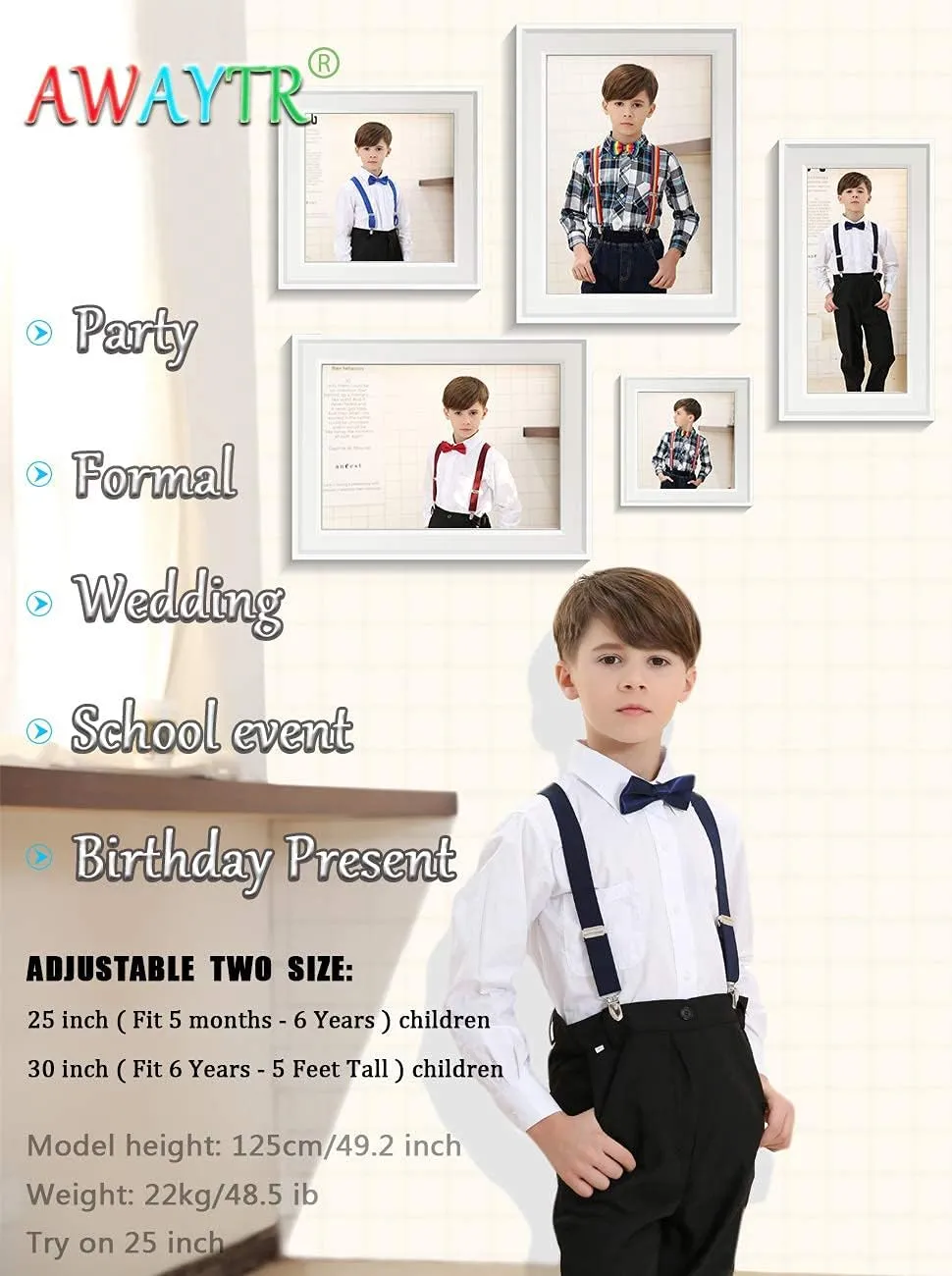 AWAYTR Child Kids Suspenders Bowtie Set - Adjustable Suspender Set for Boys and Girls