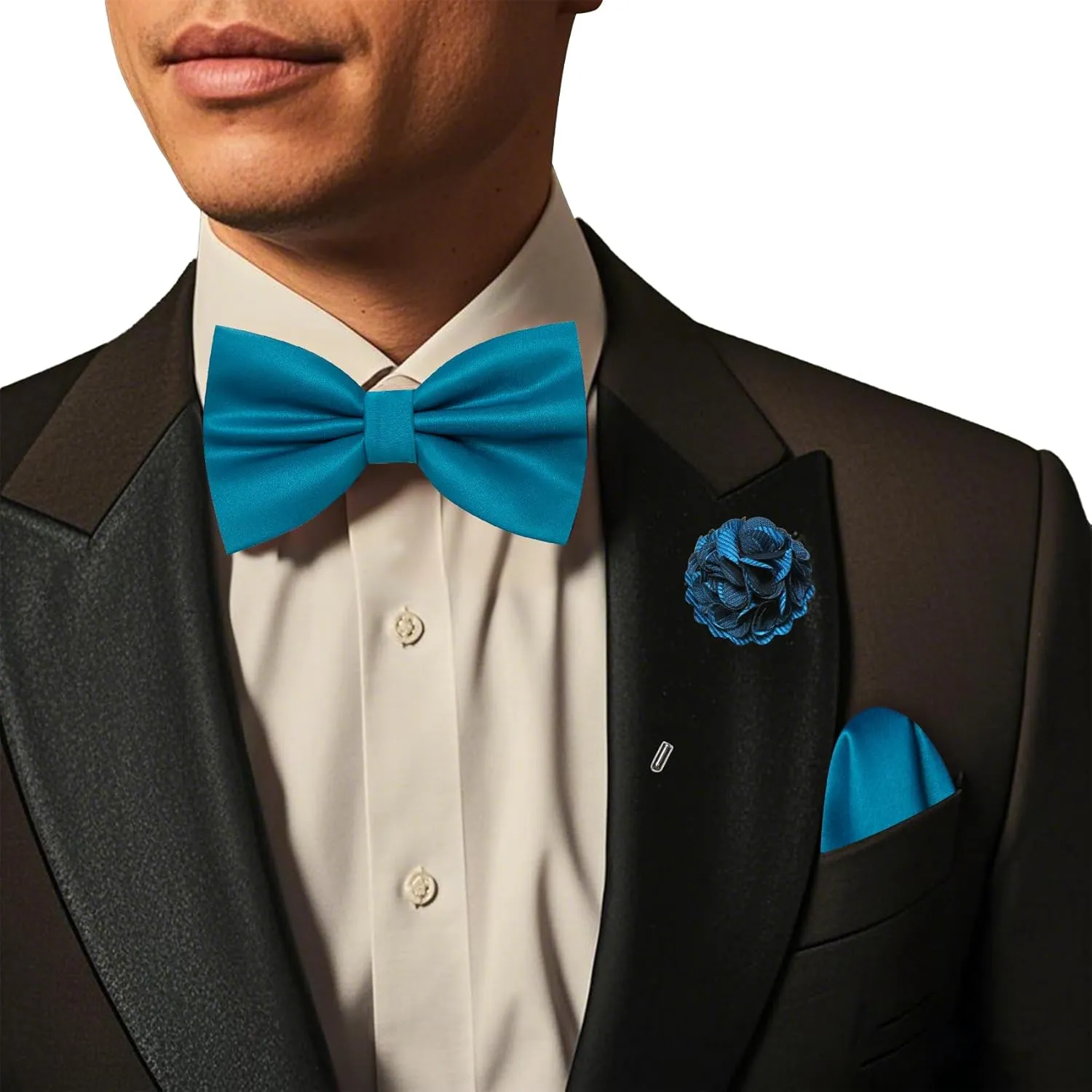 Barry.Wang Bow Tie for Men Solid Color Pre-tied Bowtie Pocket Square Lapel Pin Set Adjustable Formal Tuxedo Bowtie Party