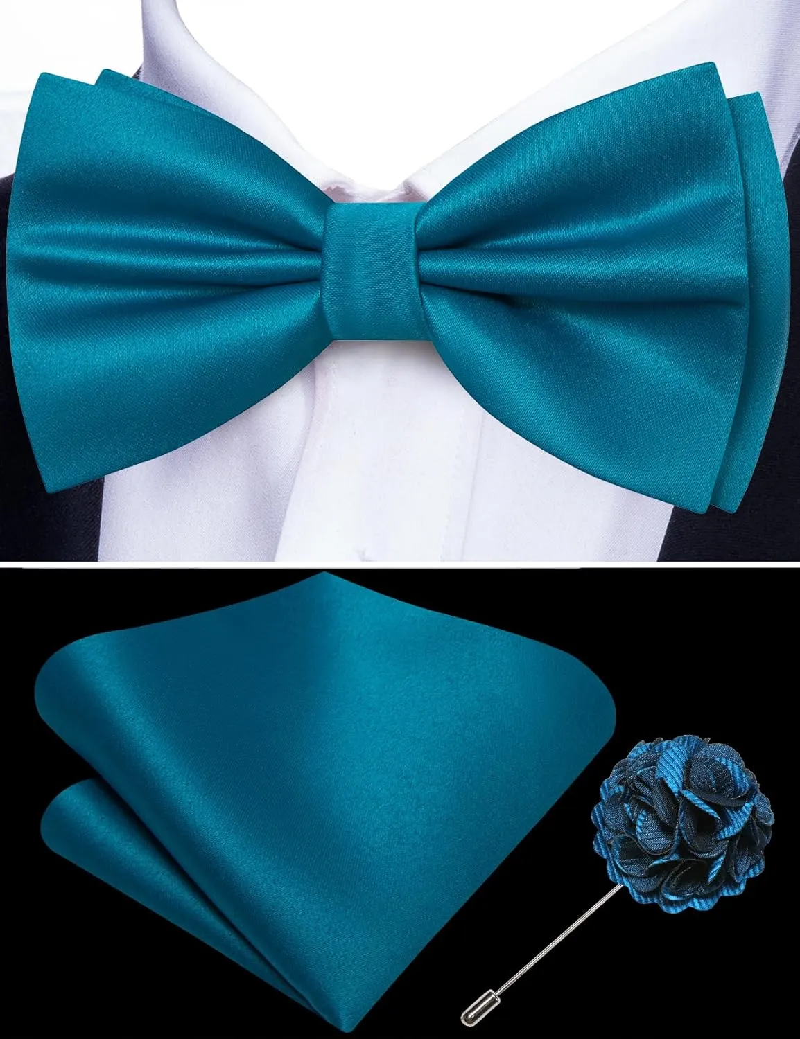 Barry.Wang Bow Tie for Men Solid Color Pre-tied Bowtie Pocket Square Lapel Pin Set Adjustable Formal Tuxedo Bowtie Party