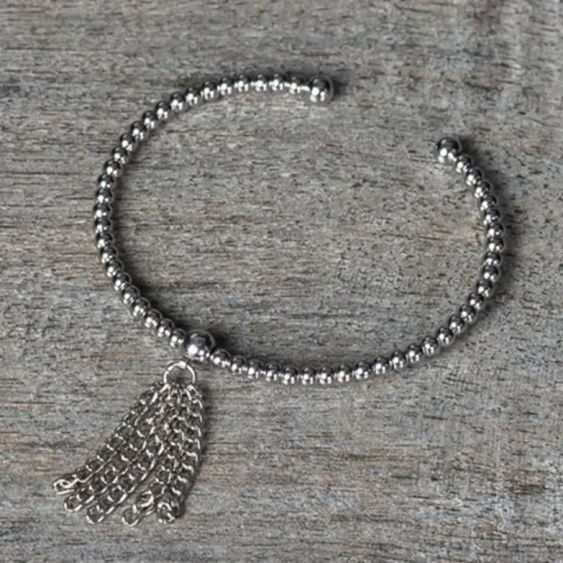 Beaded Tassel Bangle (Silver)