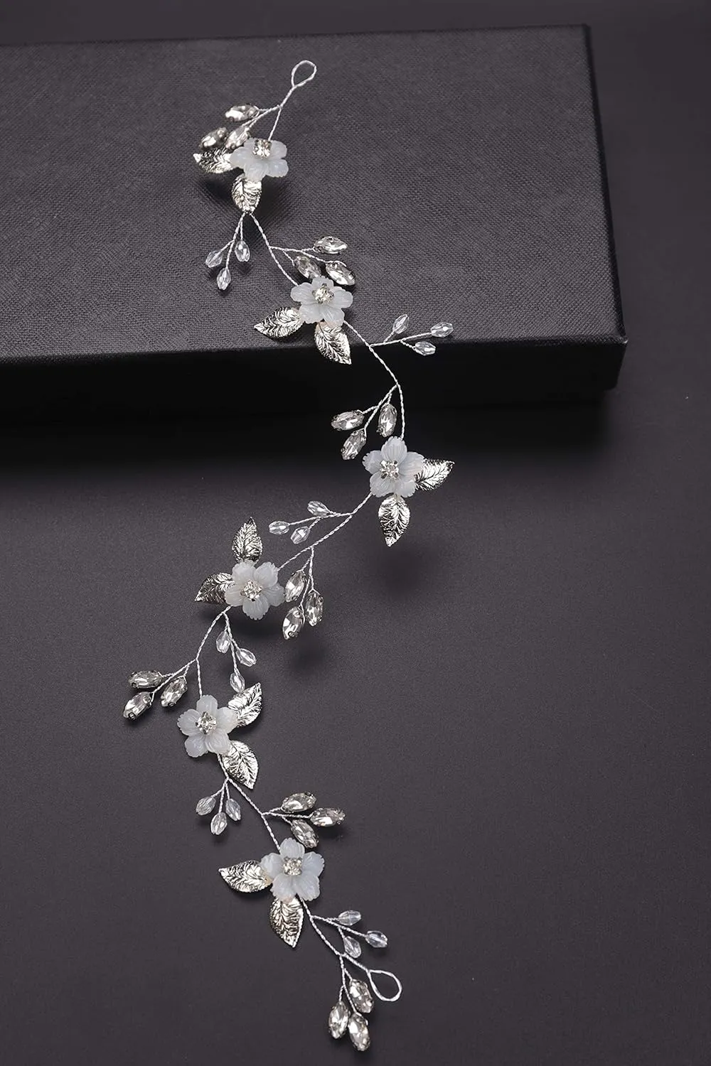 Bridal White Flower Headband Silver Leaf Hair Vine Band for Bride Crystal Rhinestone Wedding Hair Accessory Gift for Her Party Hair Piece for Women and Girls(Silver)