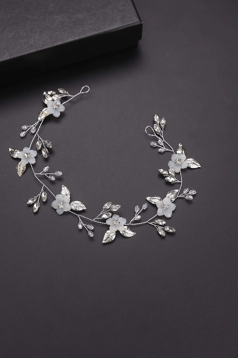Bridal White Flower Headband Silver Leaf Hair Vine Band for Bride Crystal Rhinestone Wedding Hair Accessory Gift for Her Party Hair Piece for Women and Girls(Silver)
