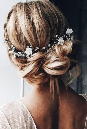 Bridal White Flower Headband Silver Leaf Hair Vine Band for Bride Crystal Rhinestone Wedding Hair Accessory Gift for Her Party Hair Piece for Women and Girls(Silver)