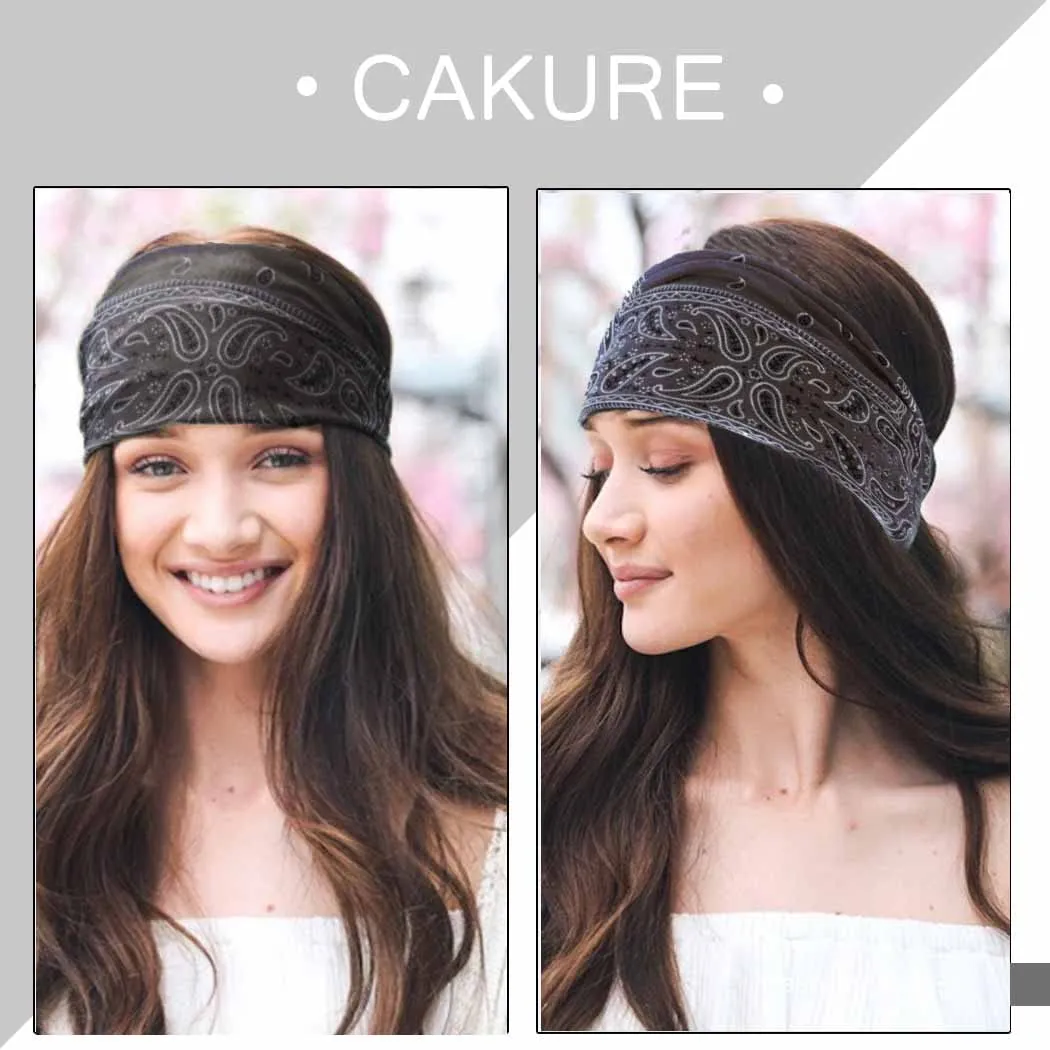 CAKURE Boho Headbands Wide Turban Knotted Head Bands African Head Wraps Yoga Hairbands Hair Scarf Elastic Hair Accessories for Women and Girls Pack of 3 (Set-2b)