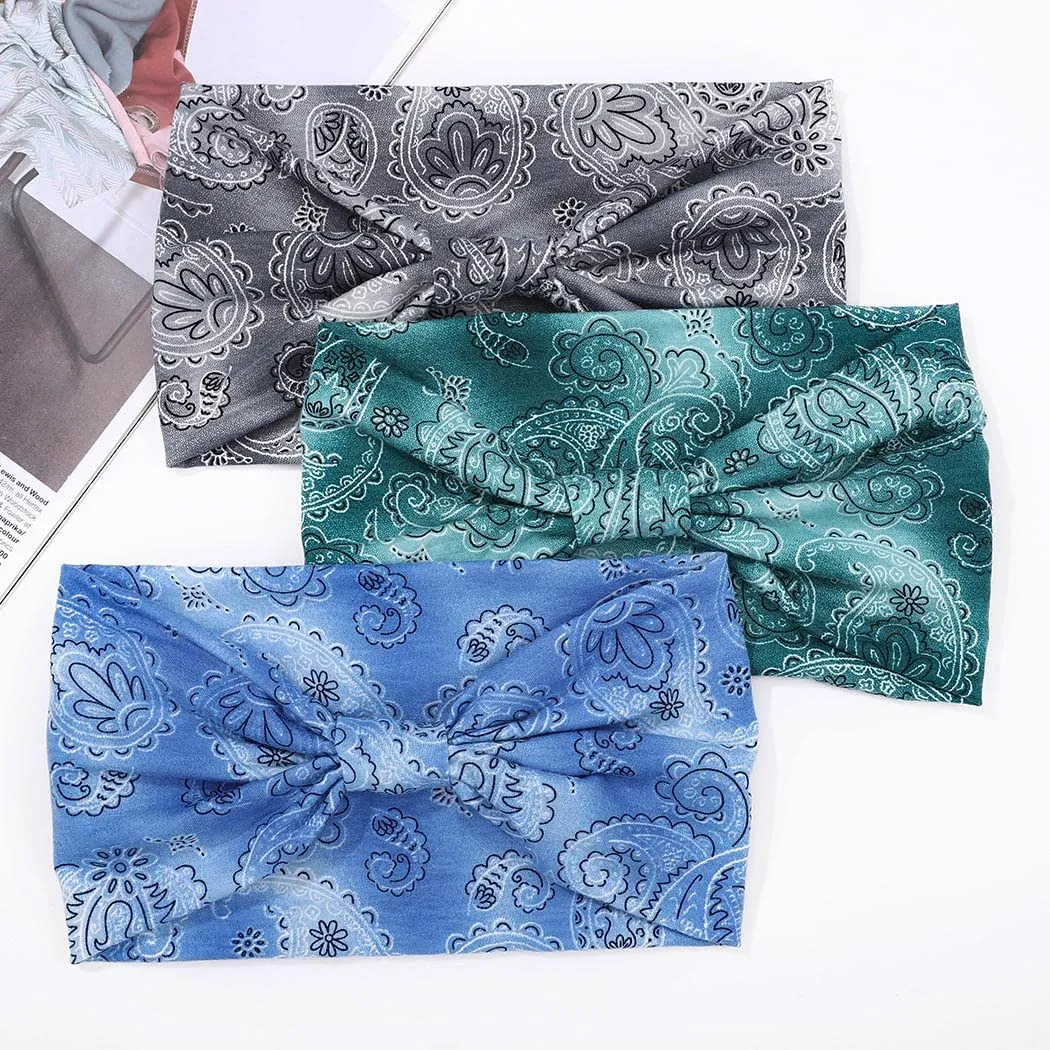 CAKURE Boho Wide Headbands Turban Knotted Head Bands Stretch Hair Bands Thick Head Wraps Yoga Sweatbands Hair Scarf Elastic Hair Accessories for Women and Girls Pack of 3 (Set-6b)
