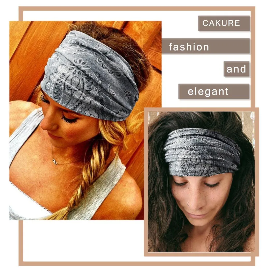 CAKURE Boho Wide Headbands Turban Knotted Head Bands Stretch Hair Bands Thick Head Wraps Yoga Sweatbands Hair Scarf Elastic Hair Accessories for Women and Girls Pack of 3 (Set-6b)