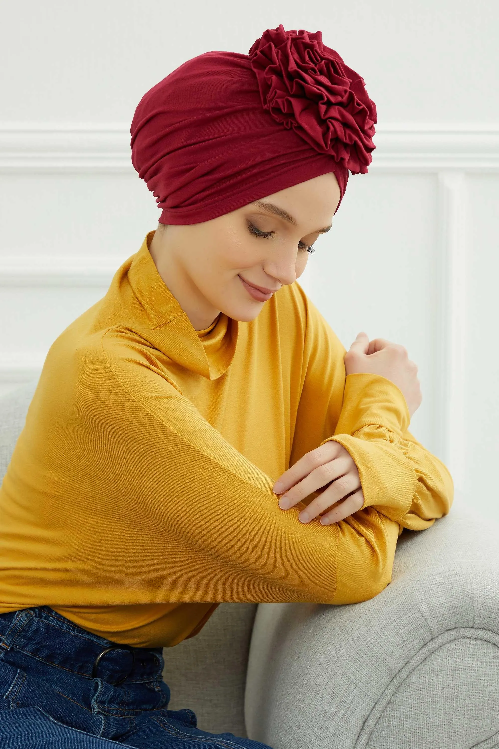Chic Rose Accent Instant Turban Hijab for Women, Cotton Scarf Chemo Head Wrap, Plain Bonnet Cap with a Beautiful Big Handmade Rose,B-21