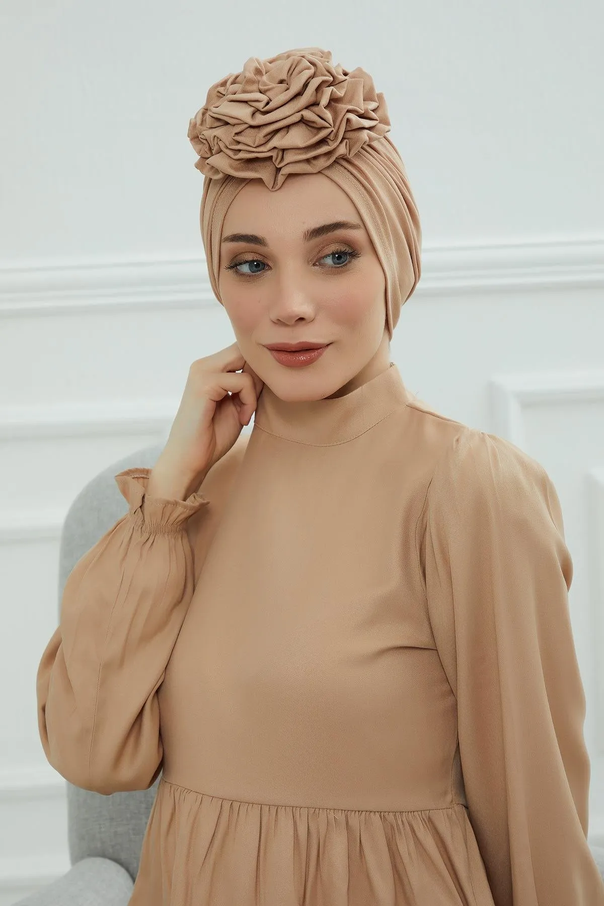 Chic Rose Accent Instant Turban Hijab for Women, Cotton Scarf Chemo Head Wrap, Plain Bonnet Cap with a Beautiful Big Handmade Rose,B-21