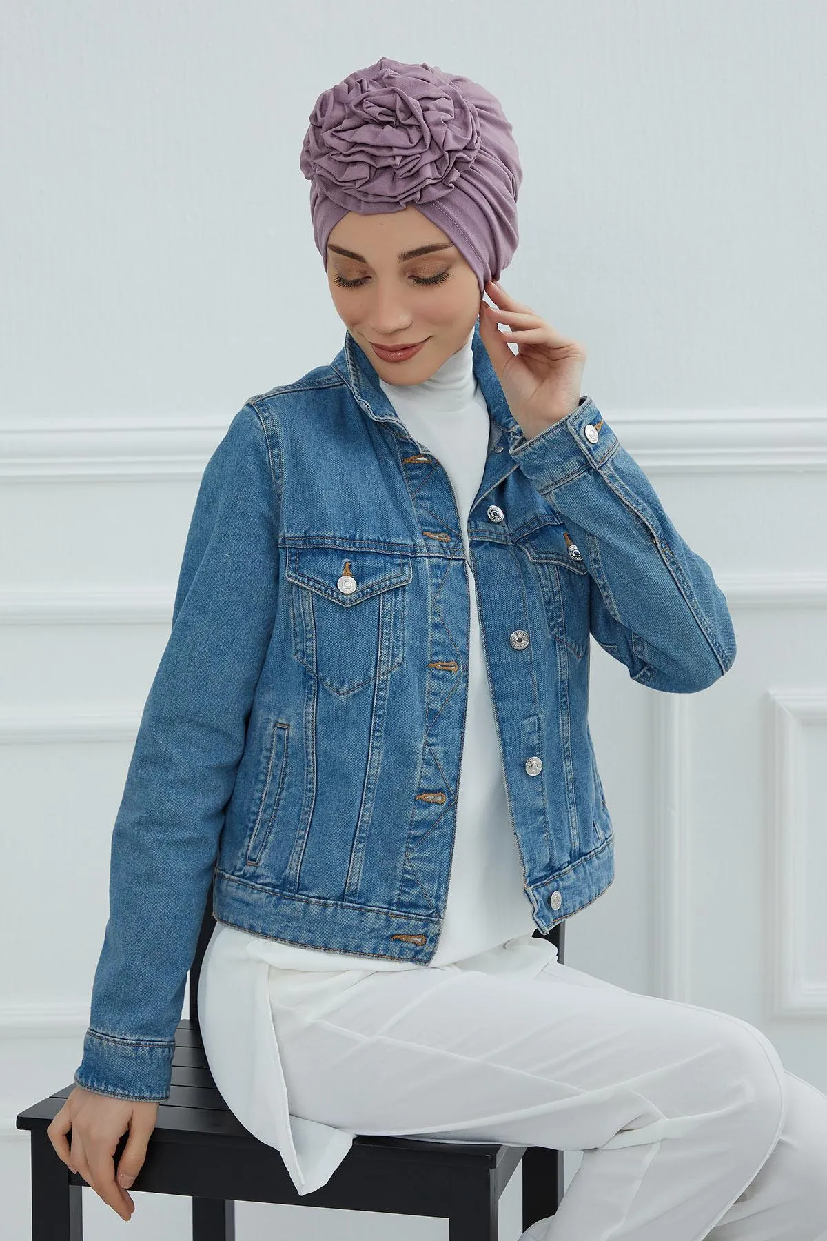 Chic Rose Accent Instant Turban Hijab for Women, Cotton Scarf Chemo Head Wrap, Plain Bonnet Cap with a Beautiful Big Handmade Rose,B-21