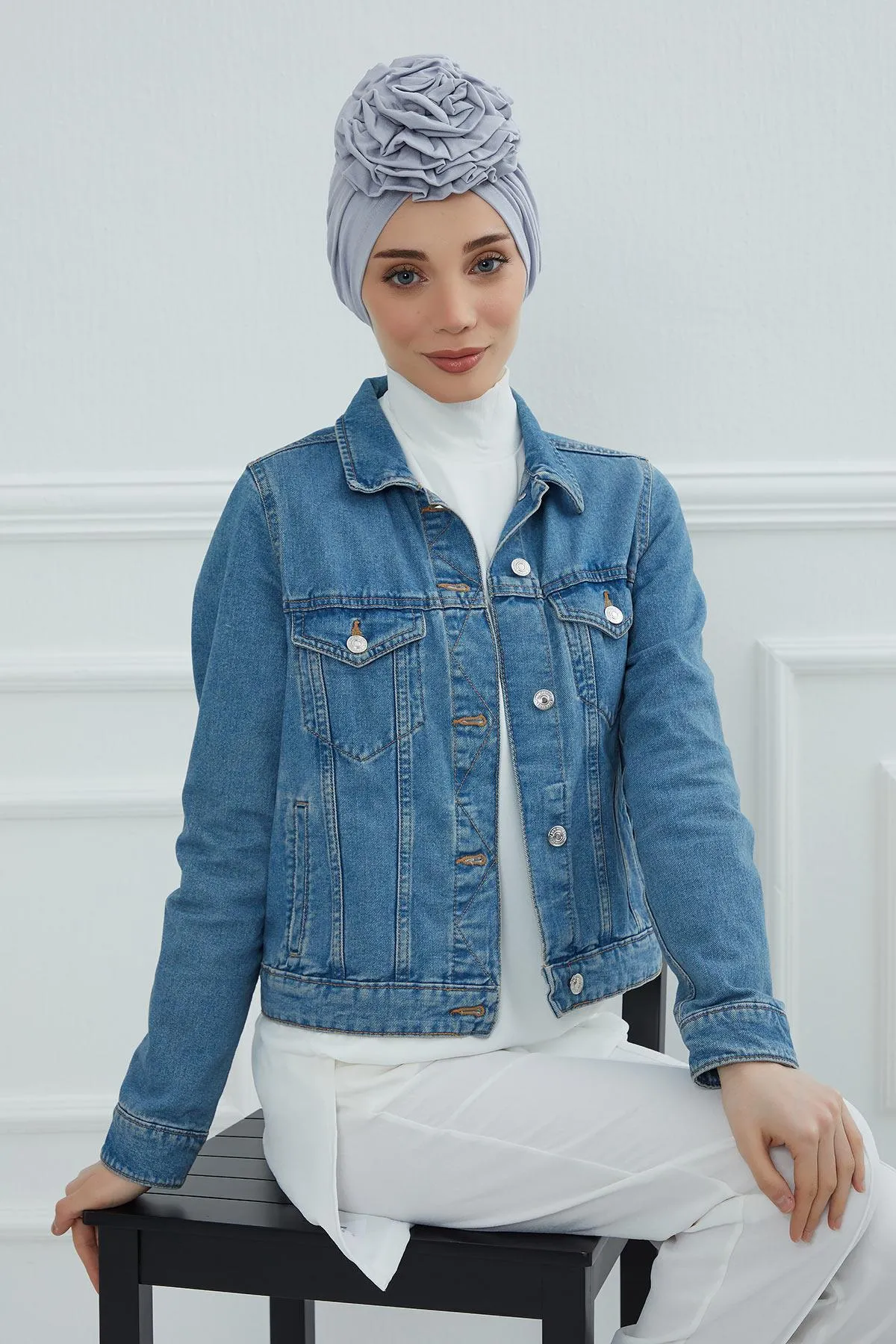 Chic Rose Accent Instant Turban Hijab for Women, Cotton Scarf Chemo Head Wrap, Plain Bonnet Cap with a Beautiful Big Handmade Rose,B-21