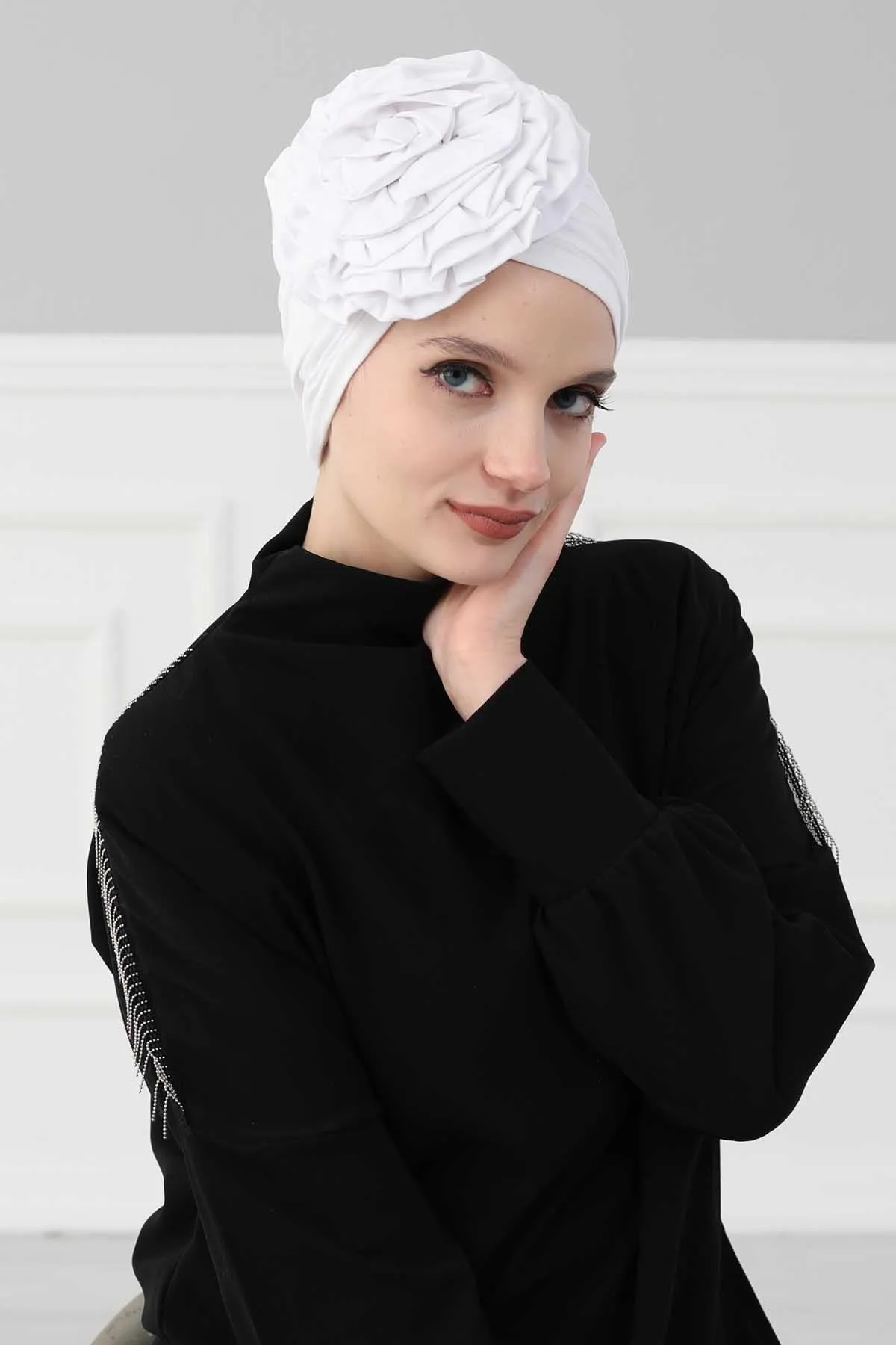 Chic Rose Accent Instant Turban Hijab for Women, Cotton Scarf Chemo Head Wrap, Plain Bonnet Cap with a Beautiful Big Handmade Rose,B-21
