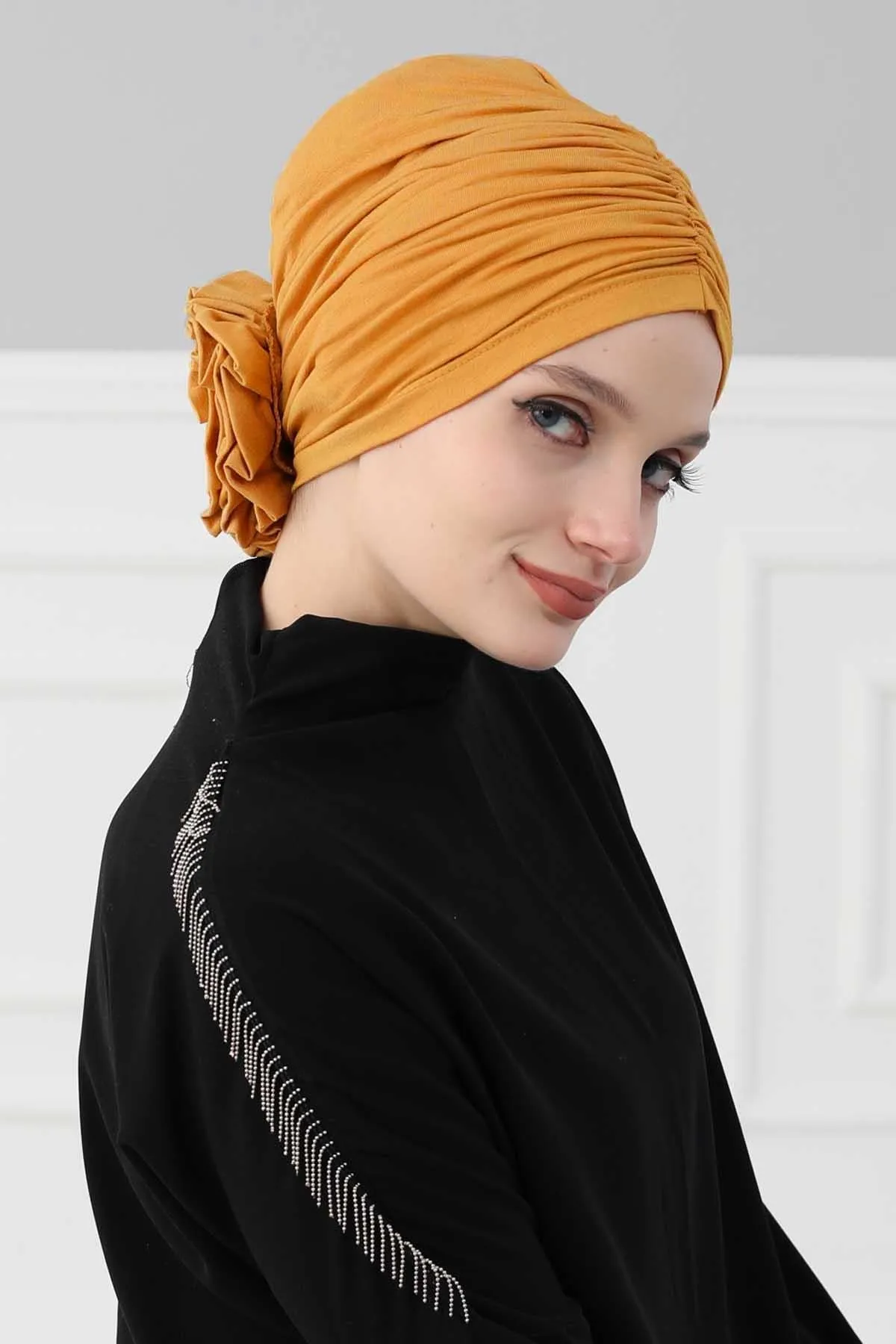 Chic Rose Accent Instant Turban Hijab for Women, Cotton Scarf Chemo Head Wrap, Plain Bonnet Cap with a Beautiful Big Handmade Rose,B-21