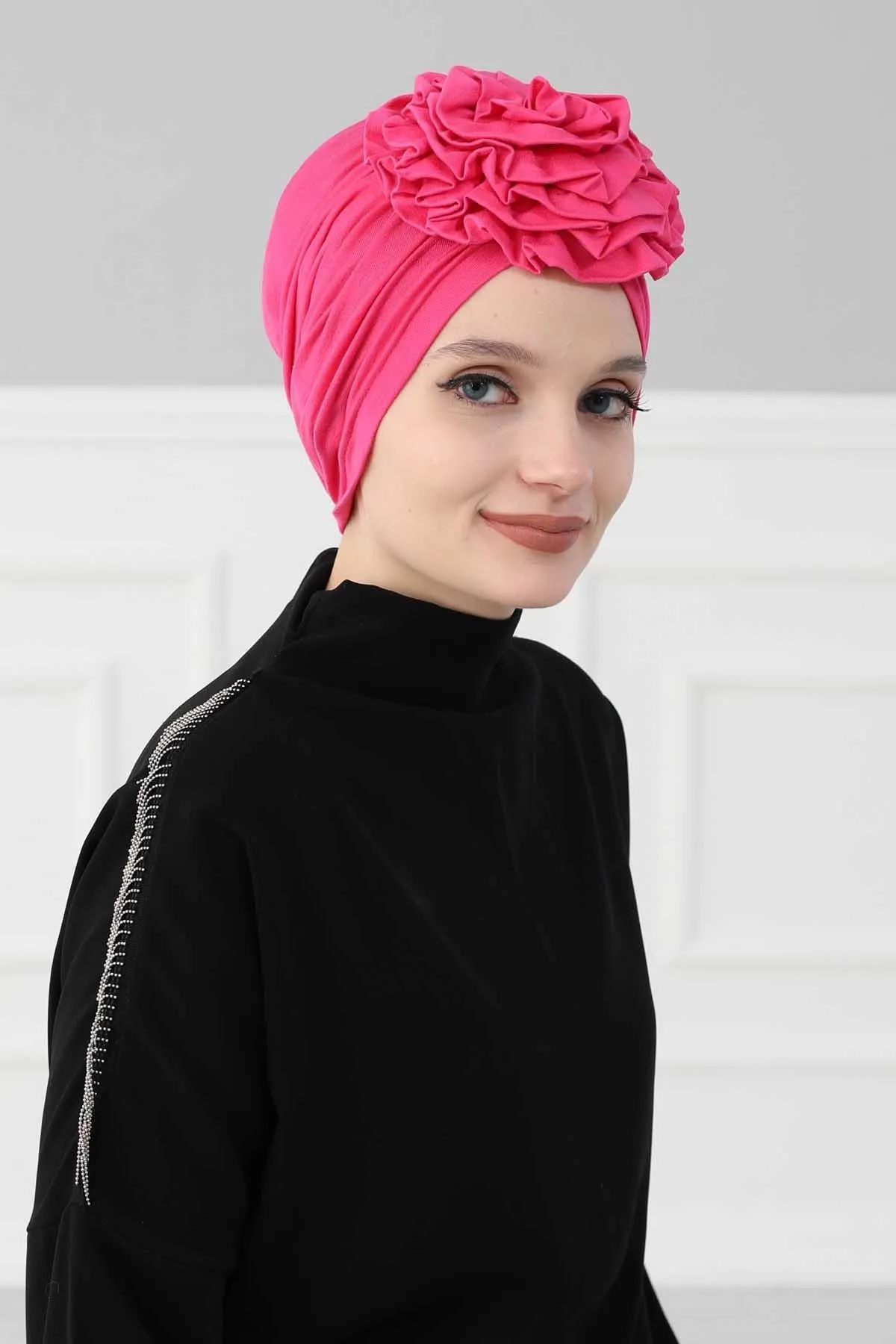 Chic Rose Accent Instant Turban Hijab for Women, Cotton Scarf Chemo Head Wrap, Plain Bonnet Cap with a Beautiful Big Handmade Rose,B-21