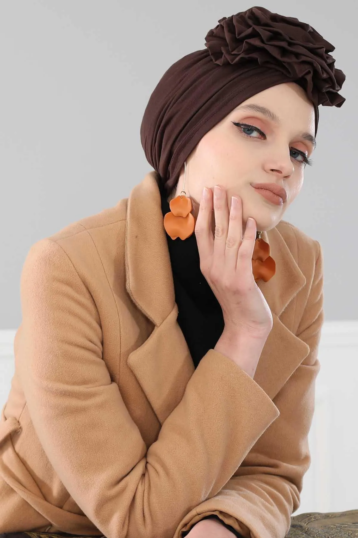 Chic Rose Accent Instant Turban Hijab for Women, Cotton Scarf Chemo Head Wrap, Plain Bonnet Cap with a Beautiful Big Handmade Rose,B-21