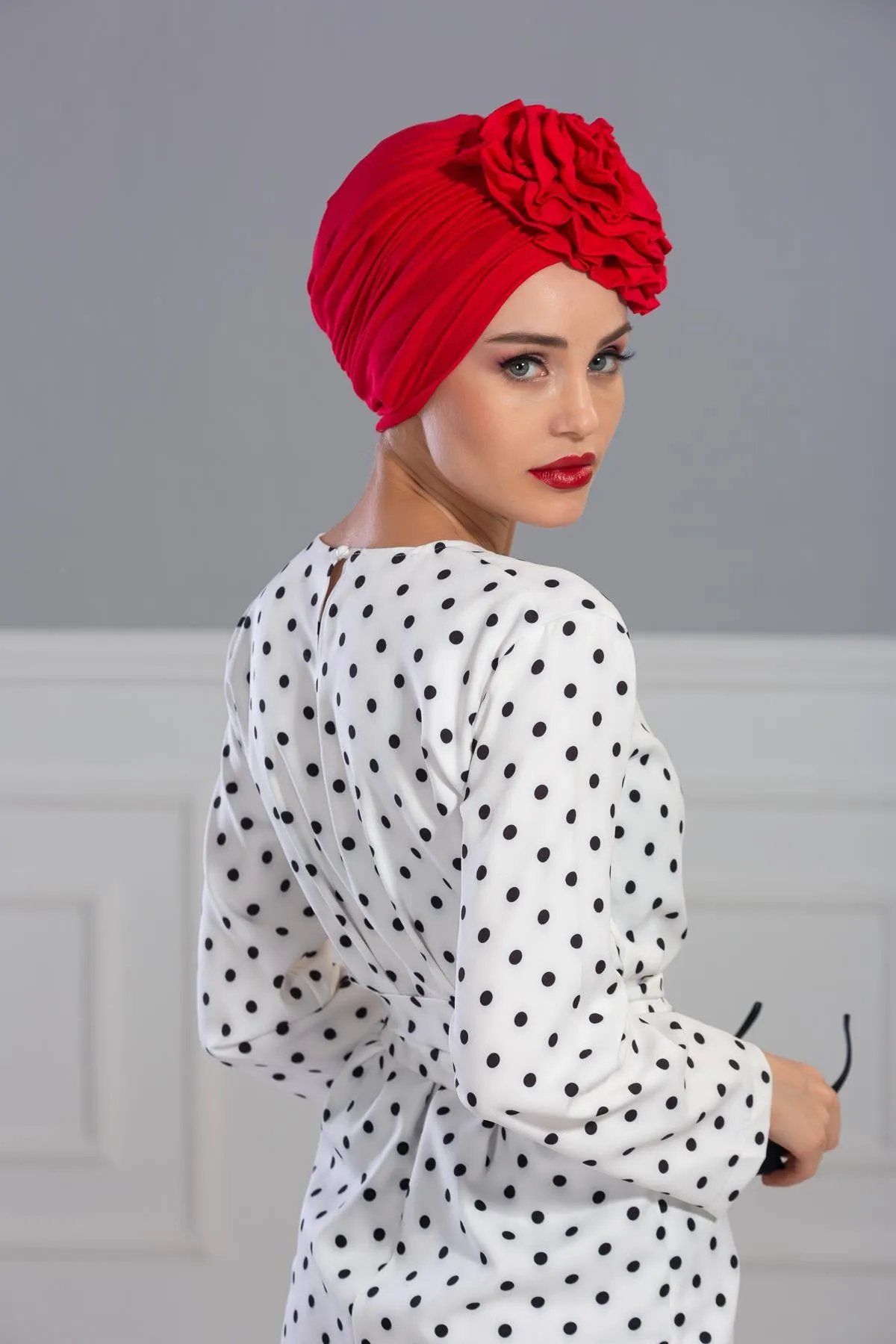Chic Rose Accent Instant Turban Hijab for Women, Cotton Scarf Chemo Head Wrap, Plain Bonnet Cap with a Beautiful Big Handmade Rose,B-21