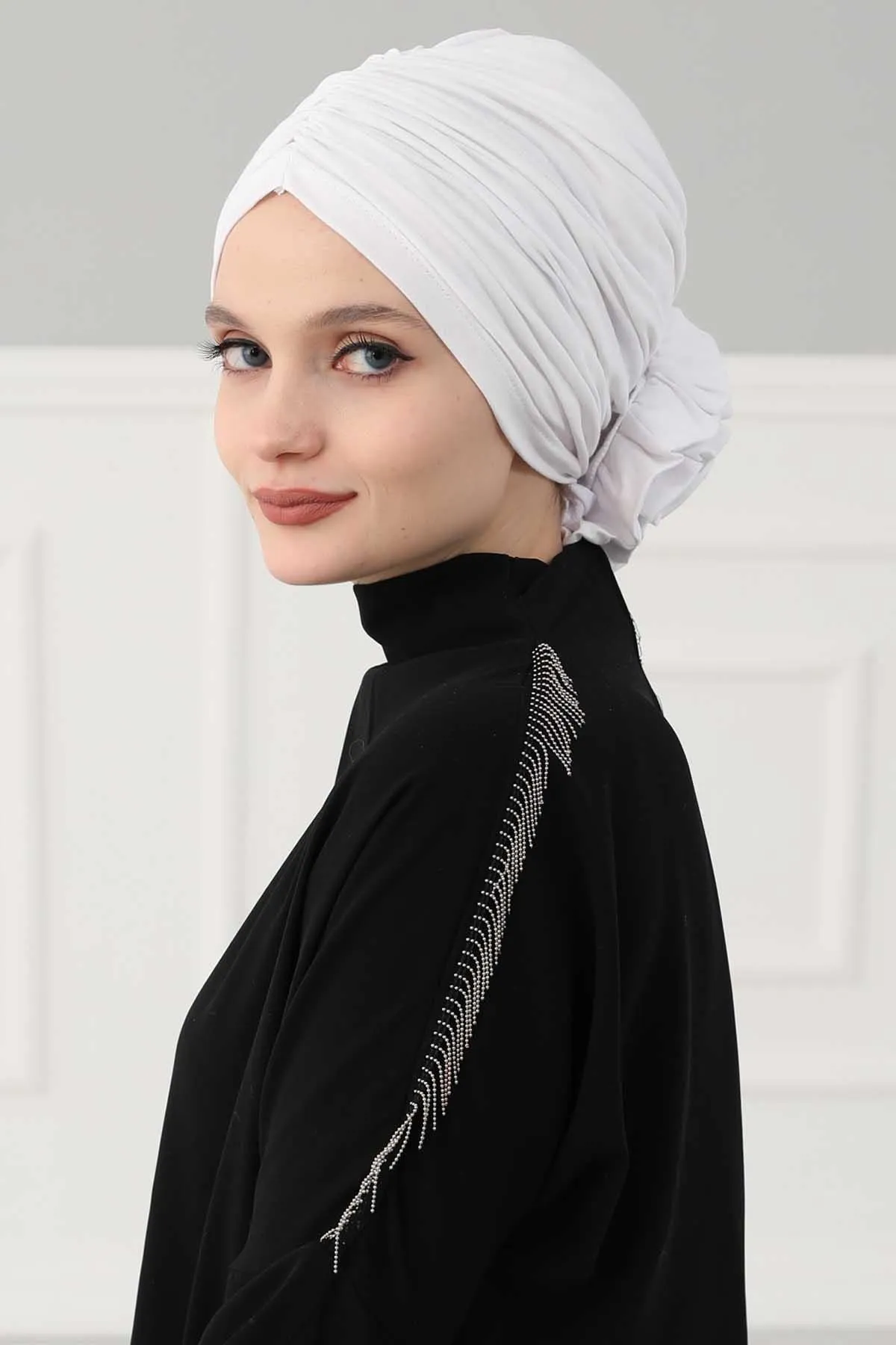 Chic Rose Accent Instant Turban Hijab for Women, Cotton Scarf Chemo Head Wrap, Plain Bonnet Cap with a Beautiful Big Handmade Rose,B-21