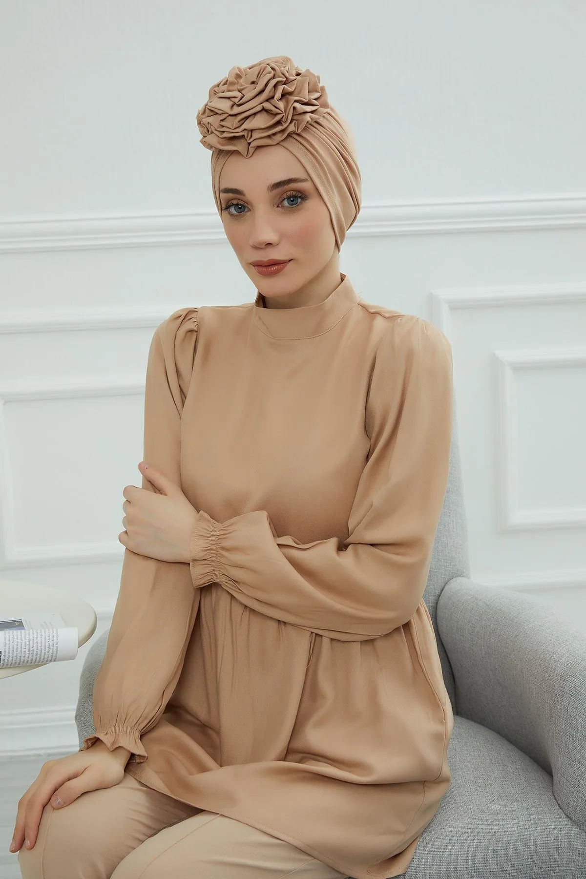 Chic Rose Accent Instant Turban Hijab for Women, Cotton Scarf Chemo Head Wrap, Plain Bonnet Cap with a Beautiful Big Handmade Rose,B-21