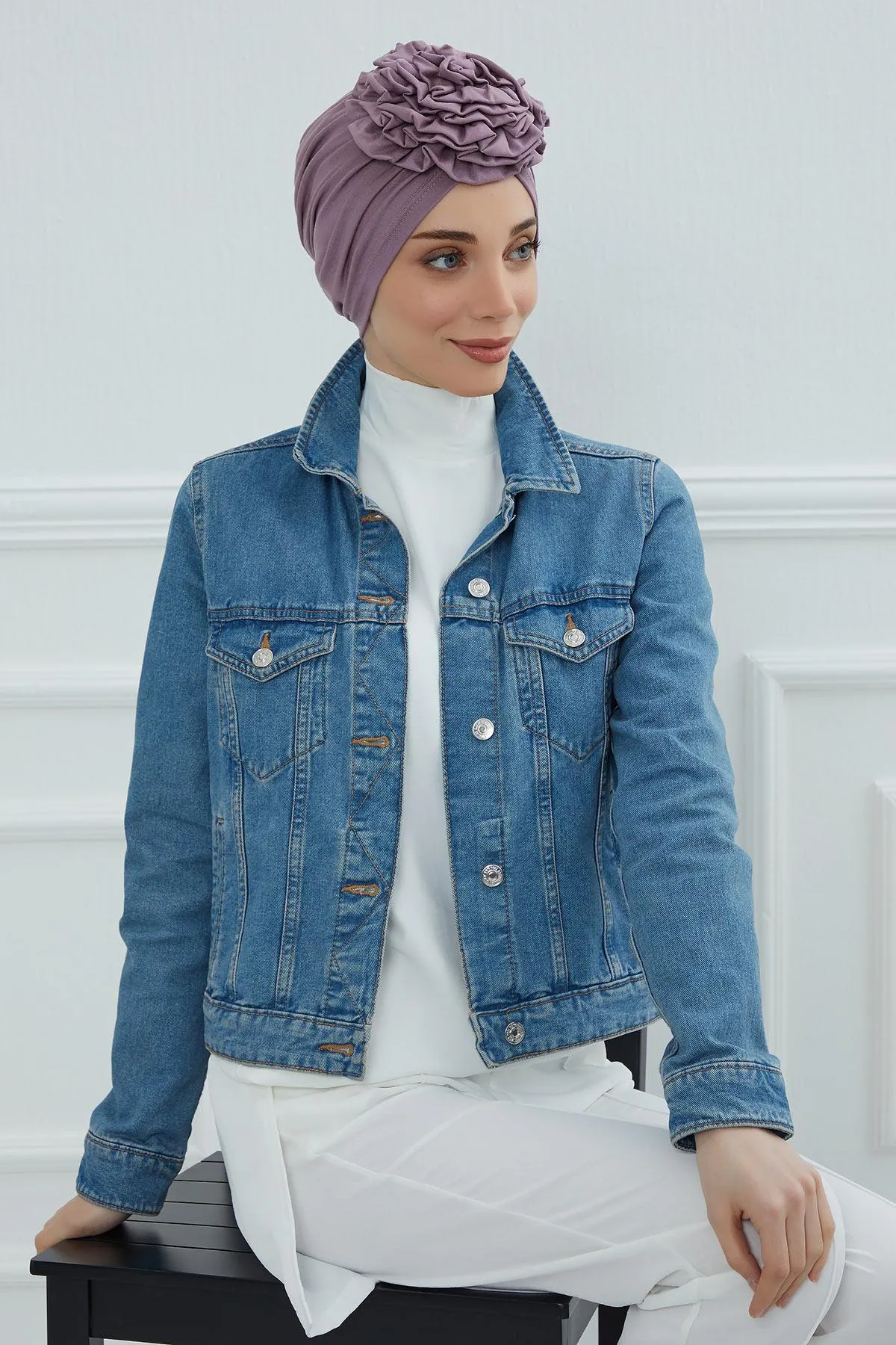 Chic Rose Accent Instant Turban Hijab for Women, Cotton Scarf Chemo Head Wrap, Plain Bonnet Cap with a Beautiful Big Handmade Rose,B-21