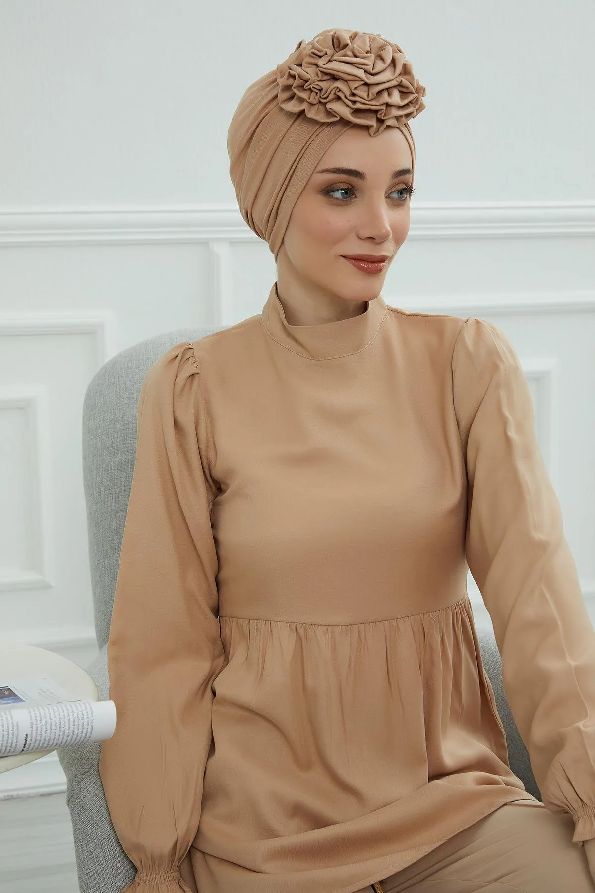 Chic Rose Accent Instant Turban Hijab for Women, Cotton Scarf Chemo Head Wrap, Plain Bonnet Cap with a Beautiful Big Handmade Rose,B-21
