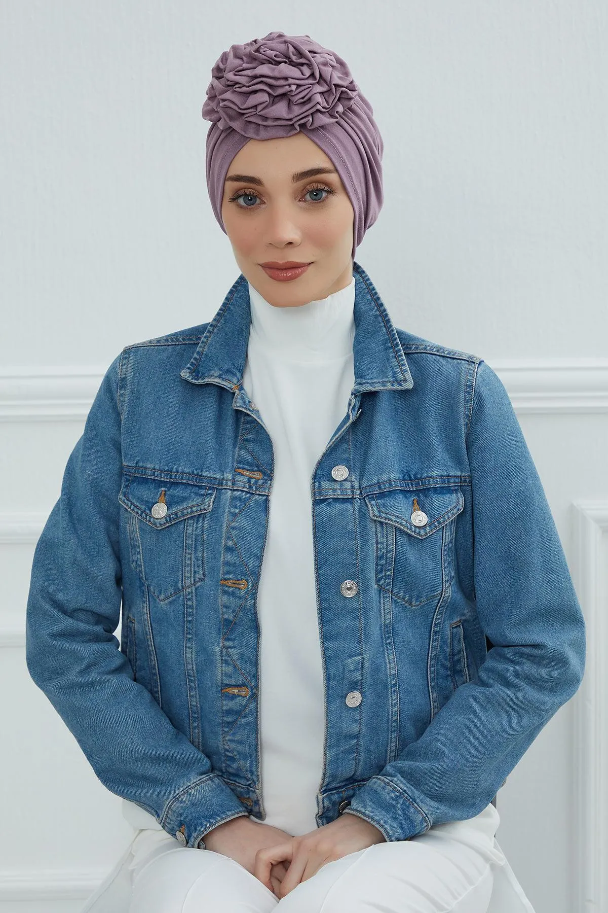 Chic Rose Accent Instant Turban Hijab for Women, Cotton Scarf Chemo Head Wrap, Plain Bonnet Cap with a Beautiful Big Handmade Rose,B-21
