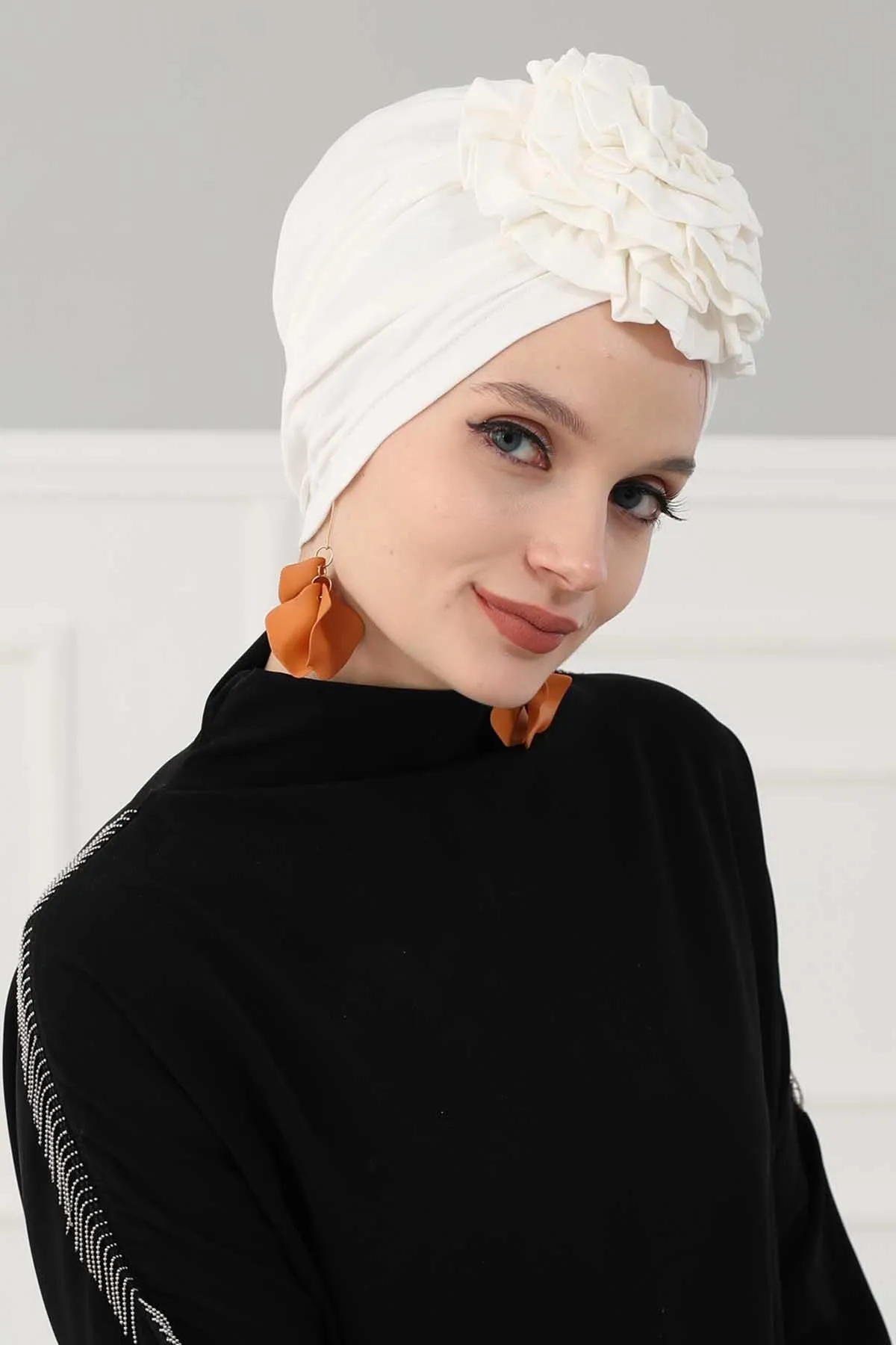 Chic Rose Accent Instant Turban Hijab for Women, Cotton Scarf Chemo Head Wrap, Plain Bonnet Cap with a Beautiful Big Handmade Rose,B-21