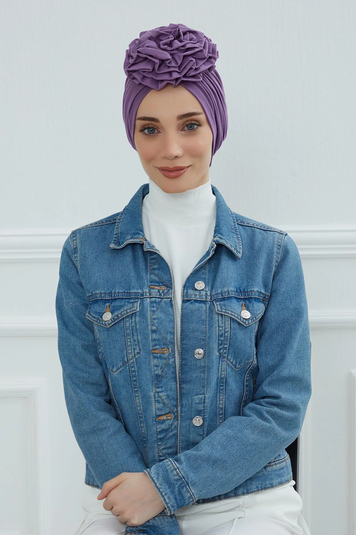 Chic Rose Accent Instant Turban Hijab for Women, Cotton Scarf Chemo Head Wrap, Plain Bonnet Cap with a Beautiful Big Handmade Rose,B-21