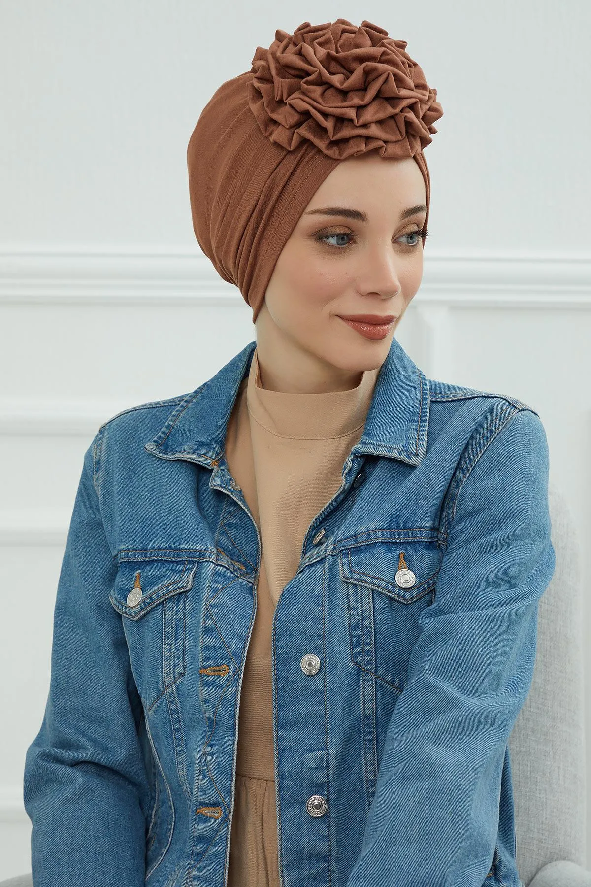 Chic Rose Accent Instant Turban Hijab for Women, Cotton Scarf Chemo Head Wrap, Plain Bonnet Cap with a Beautiful Big Handmade Rose,B-21