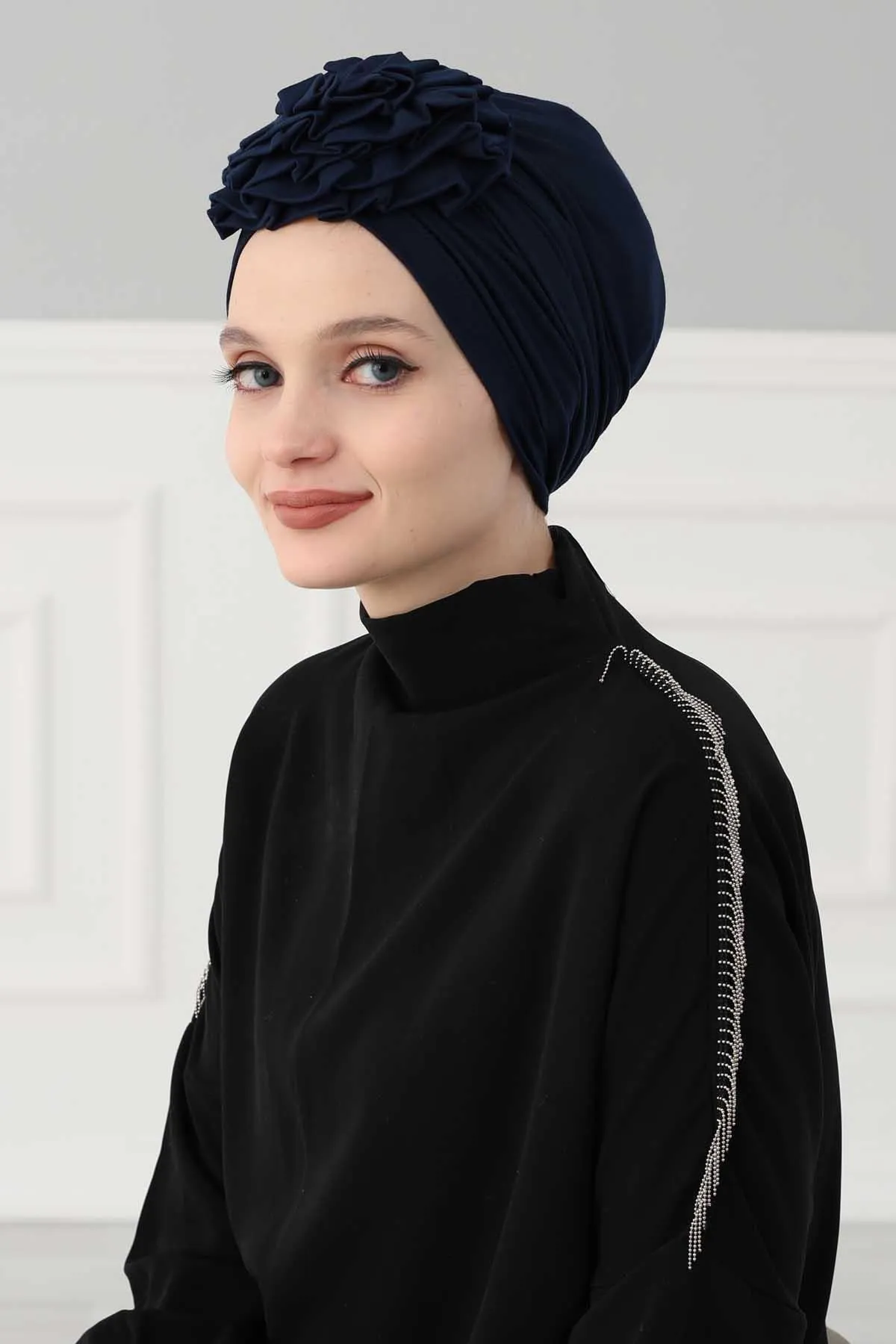 Chic Rose Accent Instant Turban Hijab for Women, Cotton Scarf Chemo Head Wrap, Plain Bonnet Cap with a Beautiful Big Handmade Rose,B-21