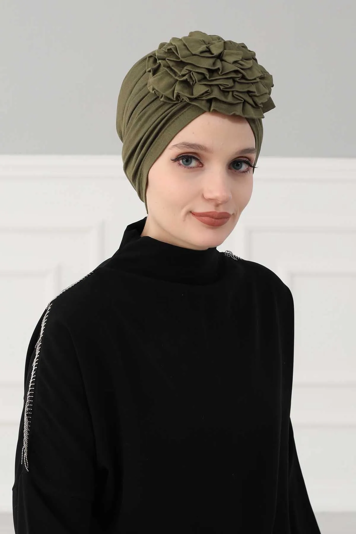 Chic Rose Accent Instant Turban Hijab for Women, Cotton Scarf Chemo Head Wrap, Plain Bonnet Cap with a Beautiful Big Handmade Rose,B-21