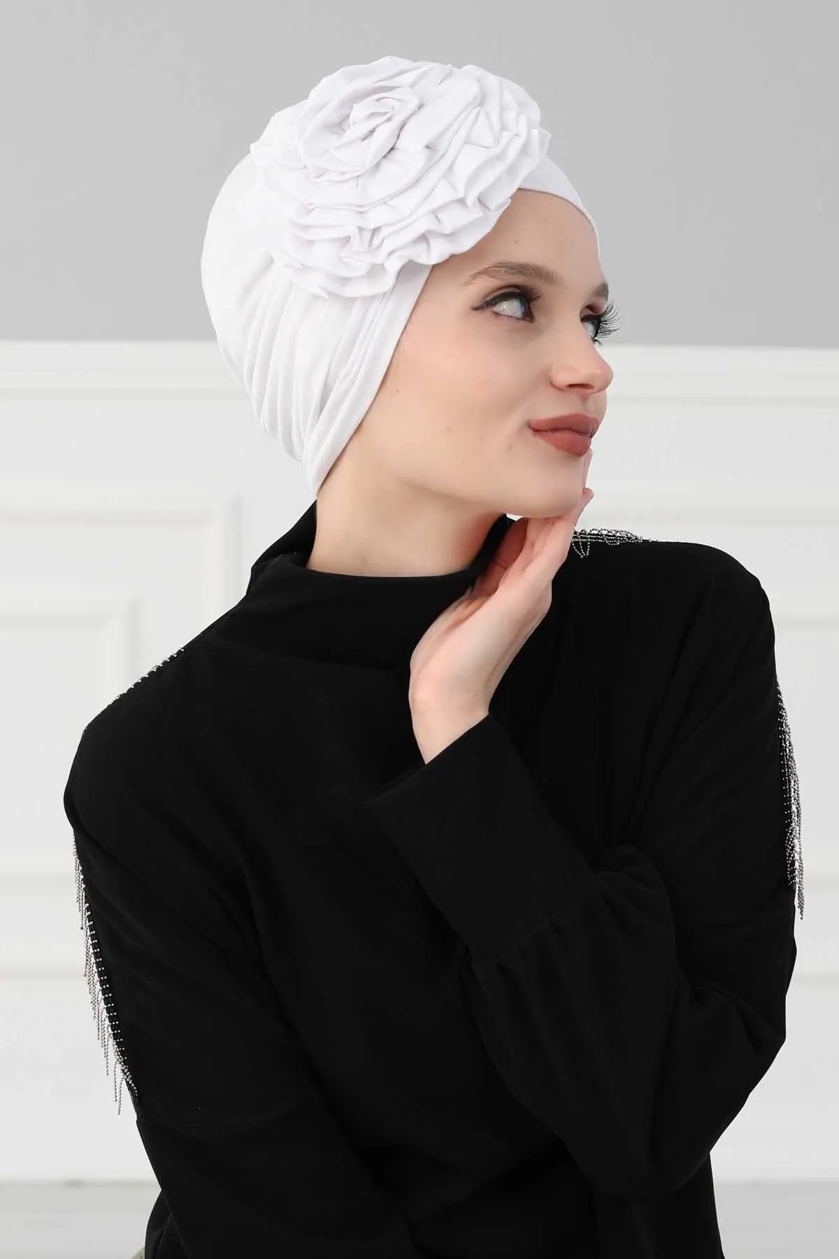 Chic Rose Accent Instant Turban Hijab for Women, Cotton Scarf Chemo Head Wrap, Plain Bonnet Cap with a Beautiful Big Handmade Rose,B-21