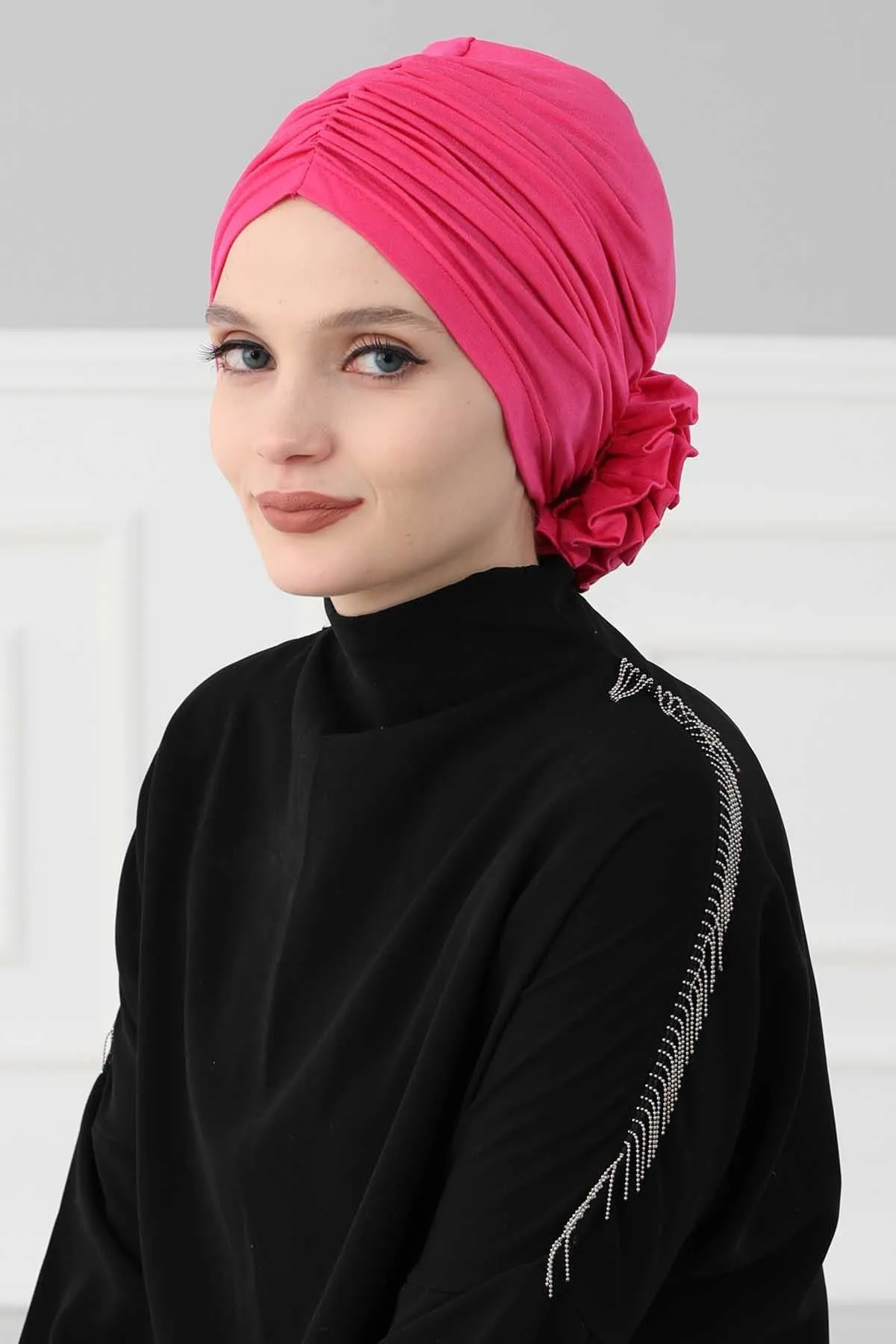 Chic Rose Accent Instant Turban Hijab for Women, Cotton Scarf Chemo Head Wrap, Plain Bonnet Cap with a Beautiful Big Handmade Rose,B-21