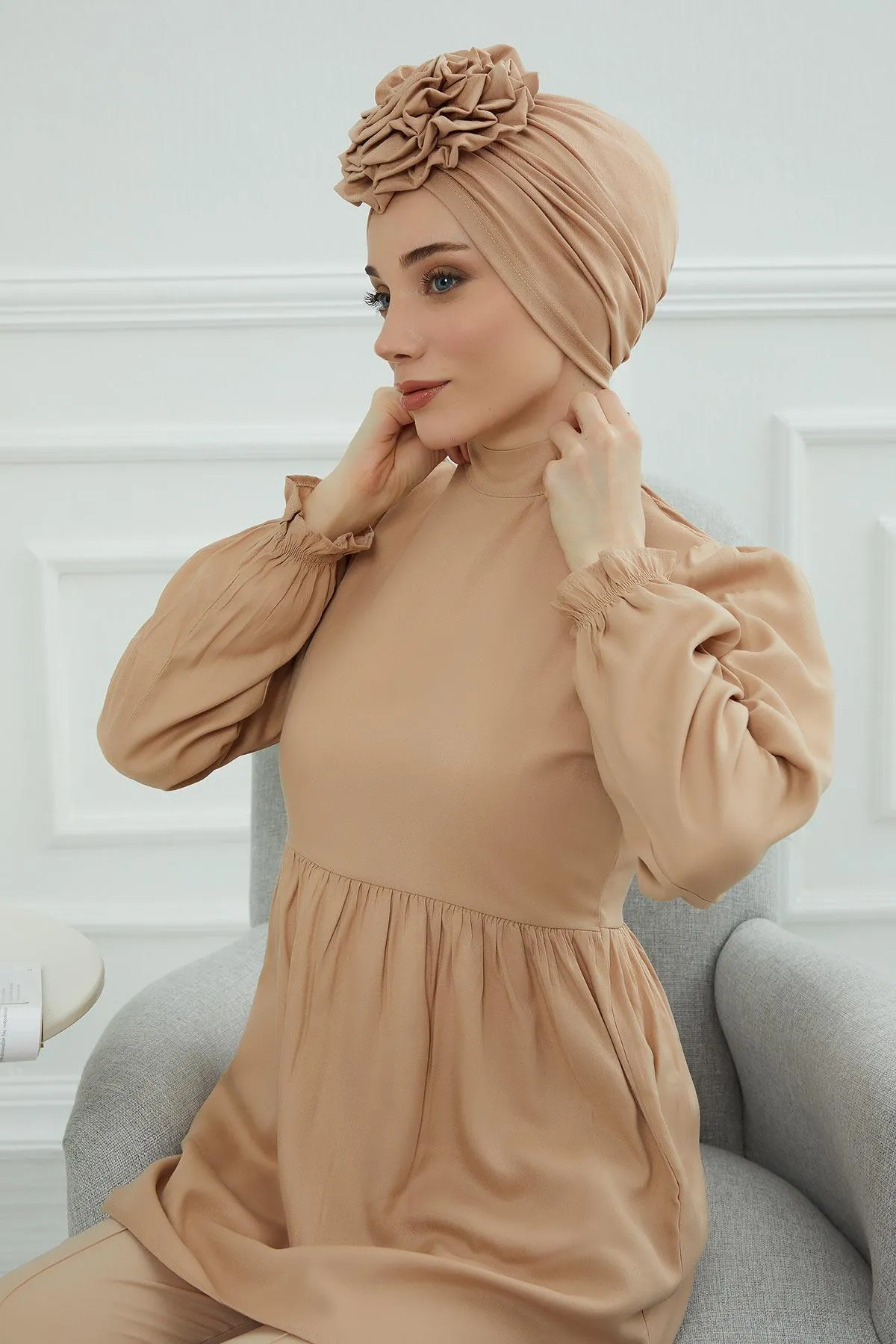 Chic Rose Accent Instant Turban Hijab for Women, Cotton Scarf Chemo Head Wrap, Plain Bonnet Cap with a Beautiful Big Handmade Rose,B-21