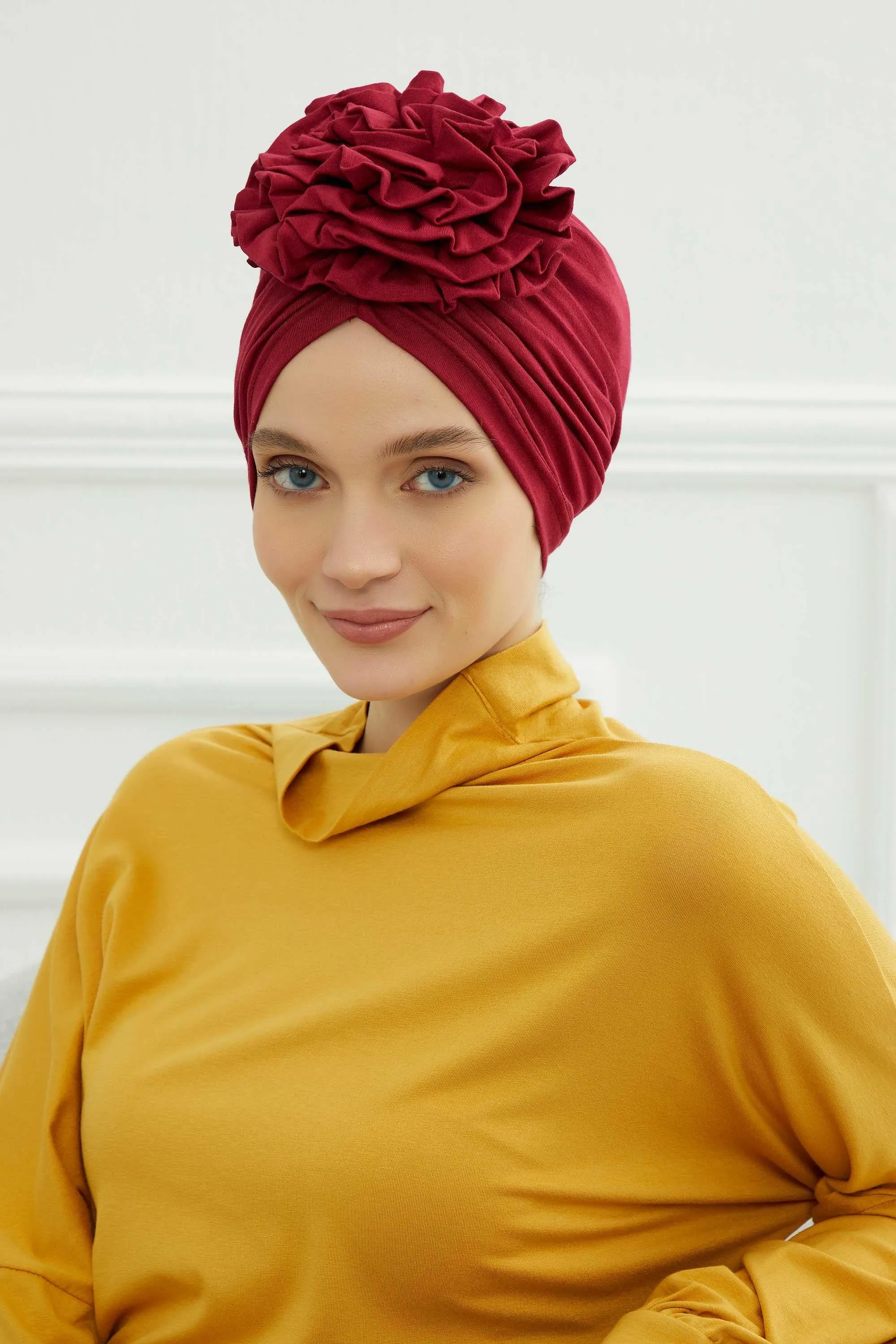 Chic Rose Accent Instant Turban Hijab for Women, Cotton Scarf Chemo Head Wrap, Plain Bonnet Cap with a Beautiful Big Handmade Rose,B-21