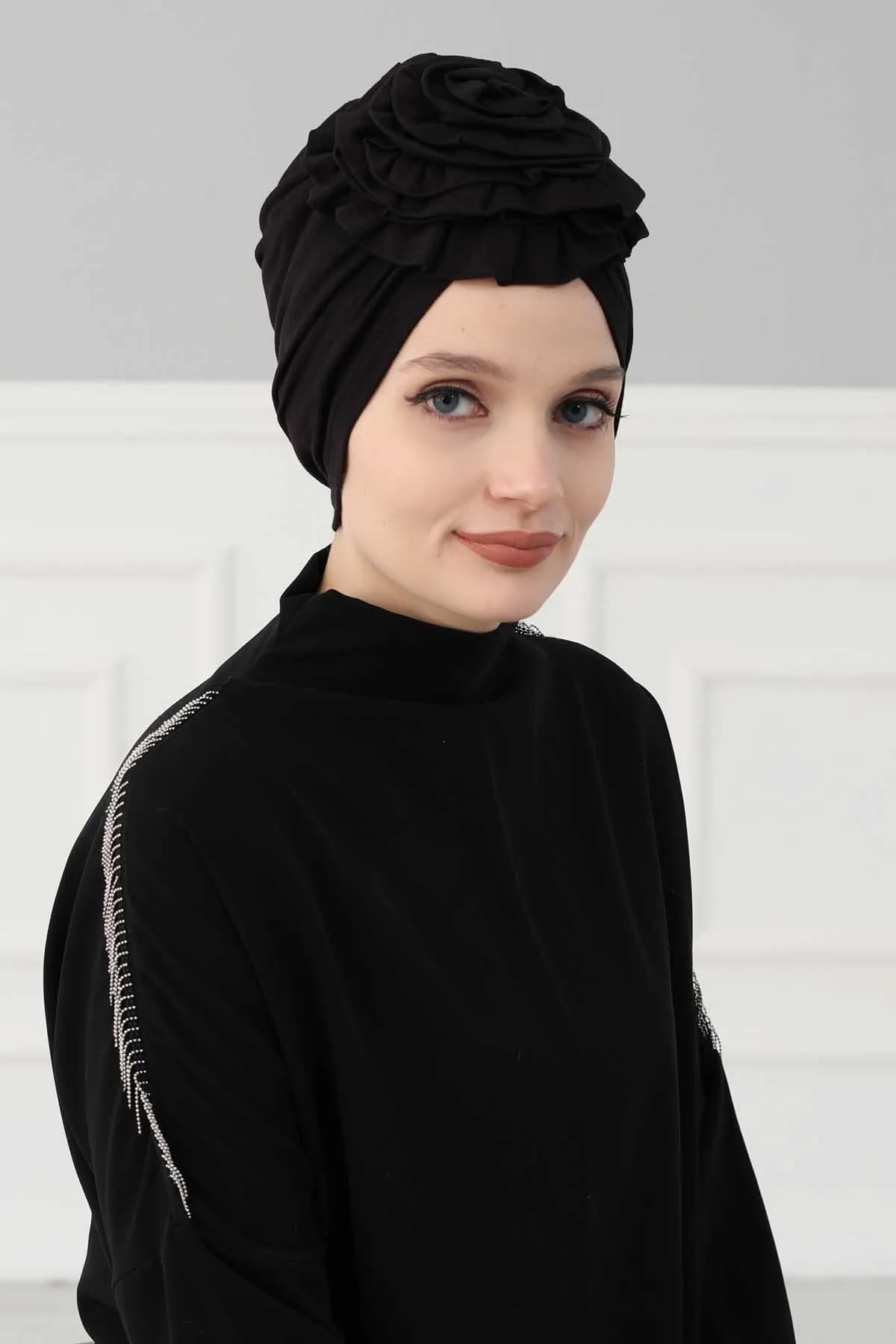 Chic Rose Accent Instant Turban Hijab for Women, Cotton Scarf Chemo Head Wrap, Plain Bonnet Cap with a Beautiful Big Handmade Rose,B-21