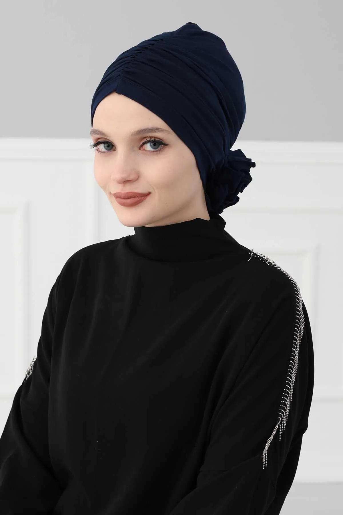 Chic Rose Accent Instant Turban Hijab for Women, Cotton Scarf Chemo Head Wrap, Plain Bonnet Cap with a Beautiful Big Handmade Rose,B-21
