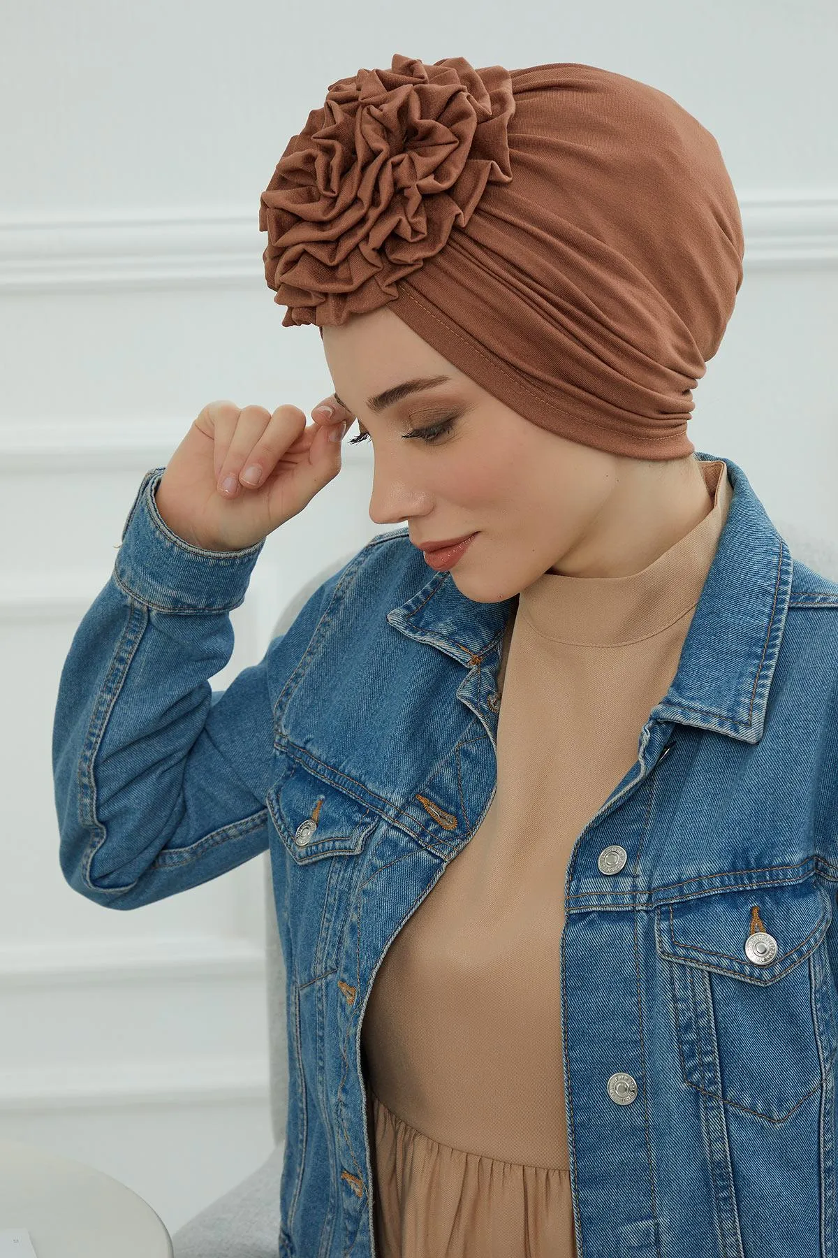 Chic Rose Accent Instant Turban Hijab for Women, Cotton Scarf Chemo Head Wrap, Plain Bonnet Cap with a Beautiful Big Handmade Rose,B-21