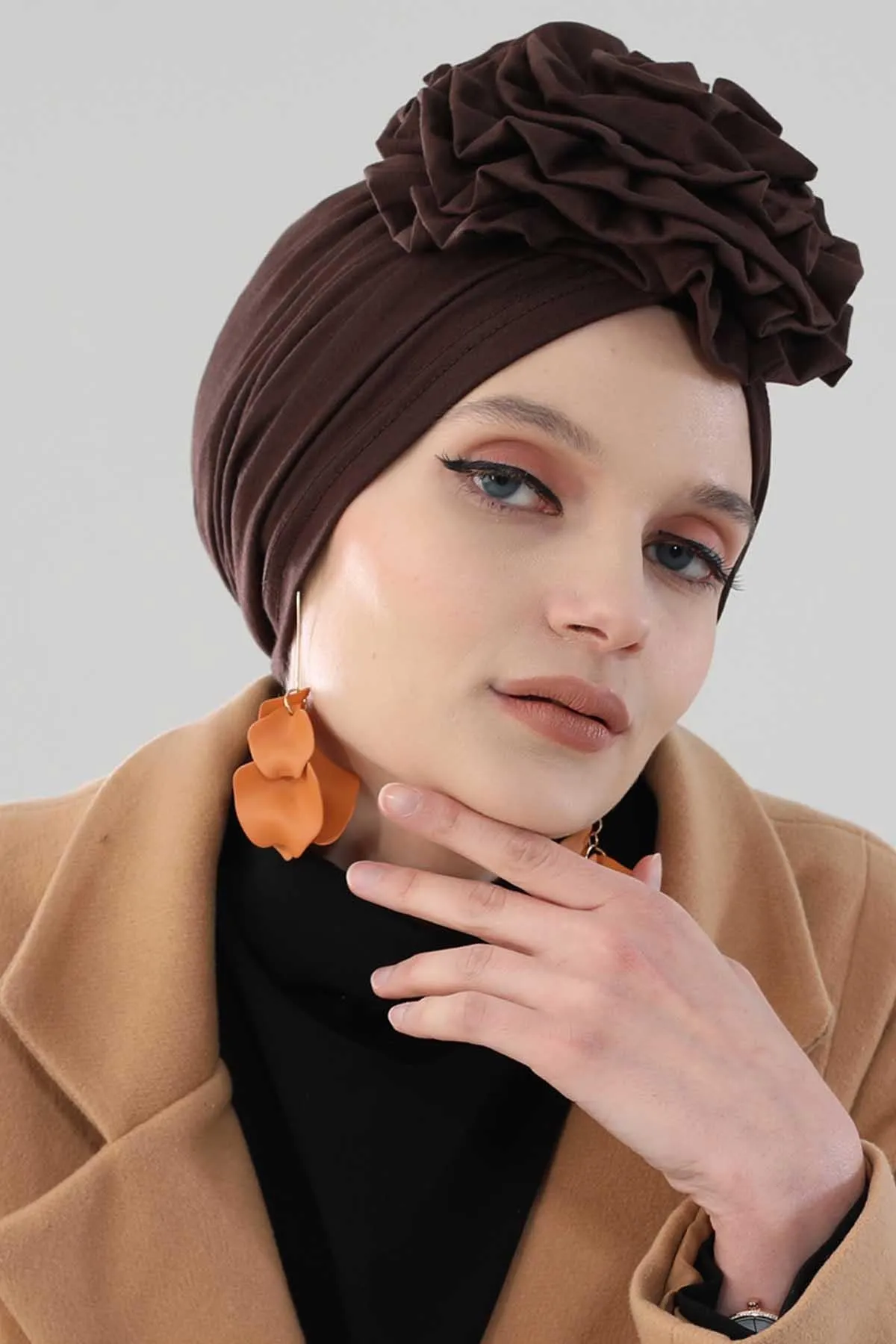 Chic Rose Accent Instant Turban Hijab for Women, Cotton Scarf Chemo Head Wrap, Plain Bonnet Cap with a Beautiful Big Handmade Rose,B-21