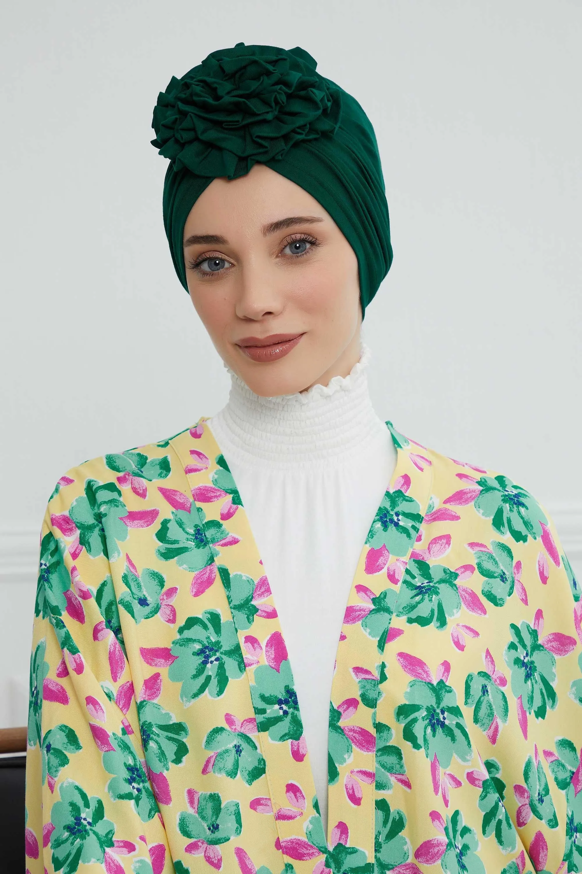 Chic Rose Accent Instant Turban Hijab for Women, Cotton Scarf Chemo Head Wrap, Plain Bonnet Cap with a Beautiful Big Handmade Rose,B-21
