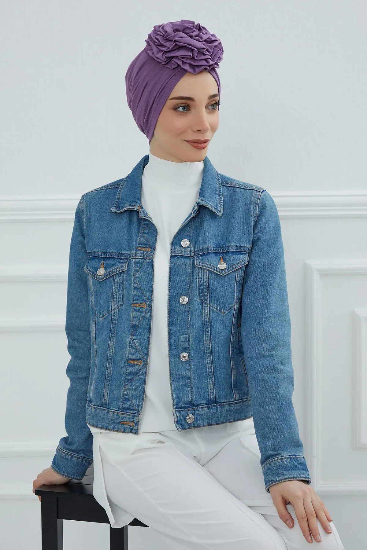 Chic Rose Accent Instant Turban Hijab for Women, Cotton Scarf Chemo Head Wrap, Plain Bonnet Cap with a Beautiful Big Handmade Rose,B-21