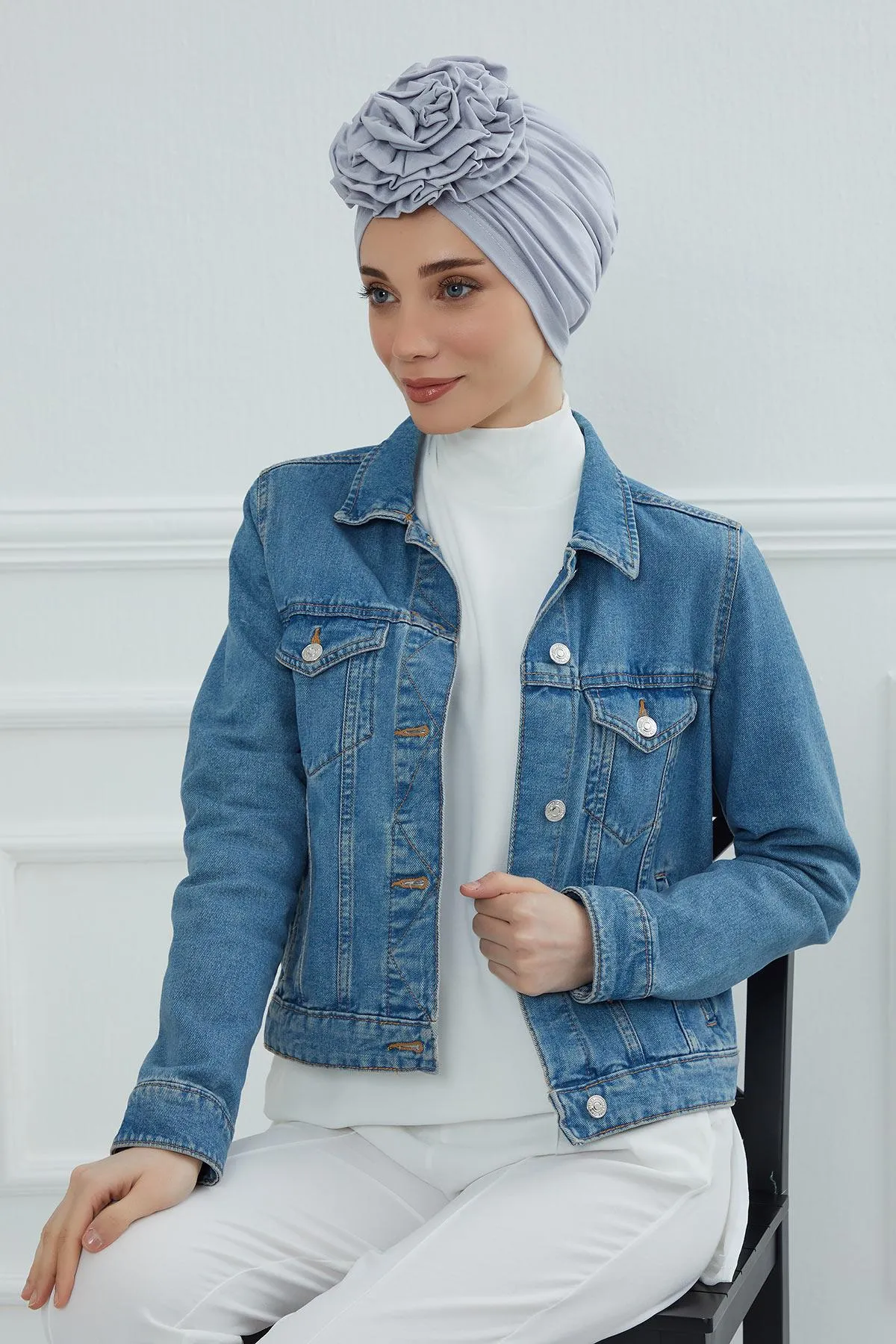 Chic Rose Accent Instant Turban Hijab for Women, Cotton Scarf Chemo Head Wrap, Plain Bonnet Cap with a Beautiful Big Handmade Rose,B-21