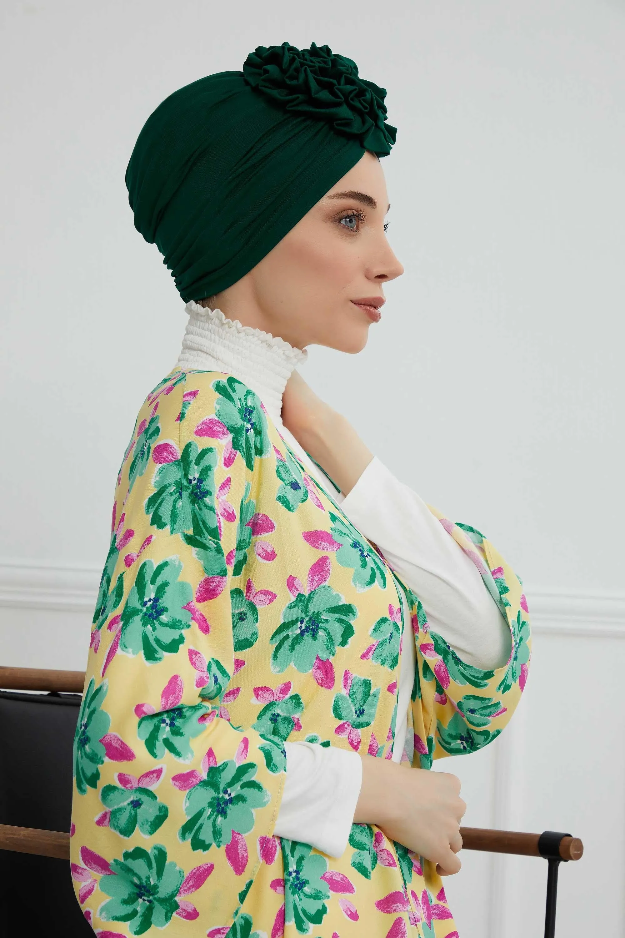 Chic Rose Accent Instant Turban Hijab for Women, Cotton Scarf Chemo Head Wrap, Plain Bonnet Cap with a Beautiful Big Handmade Rose,B-21