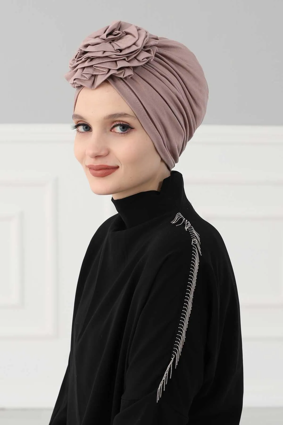 Chic Rose Accent Instant Turban Hijab for Women, Cotton Scarf Chemo Head Wrap, Plain Bonnet Cap with a Beautiful Big Handmade Rose,B-21
